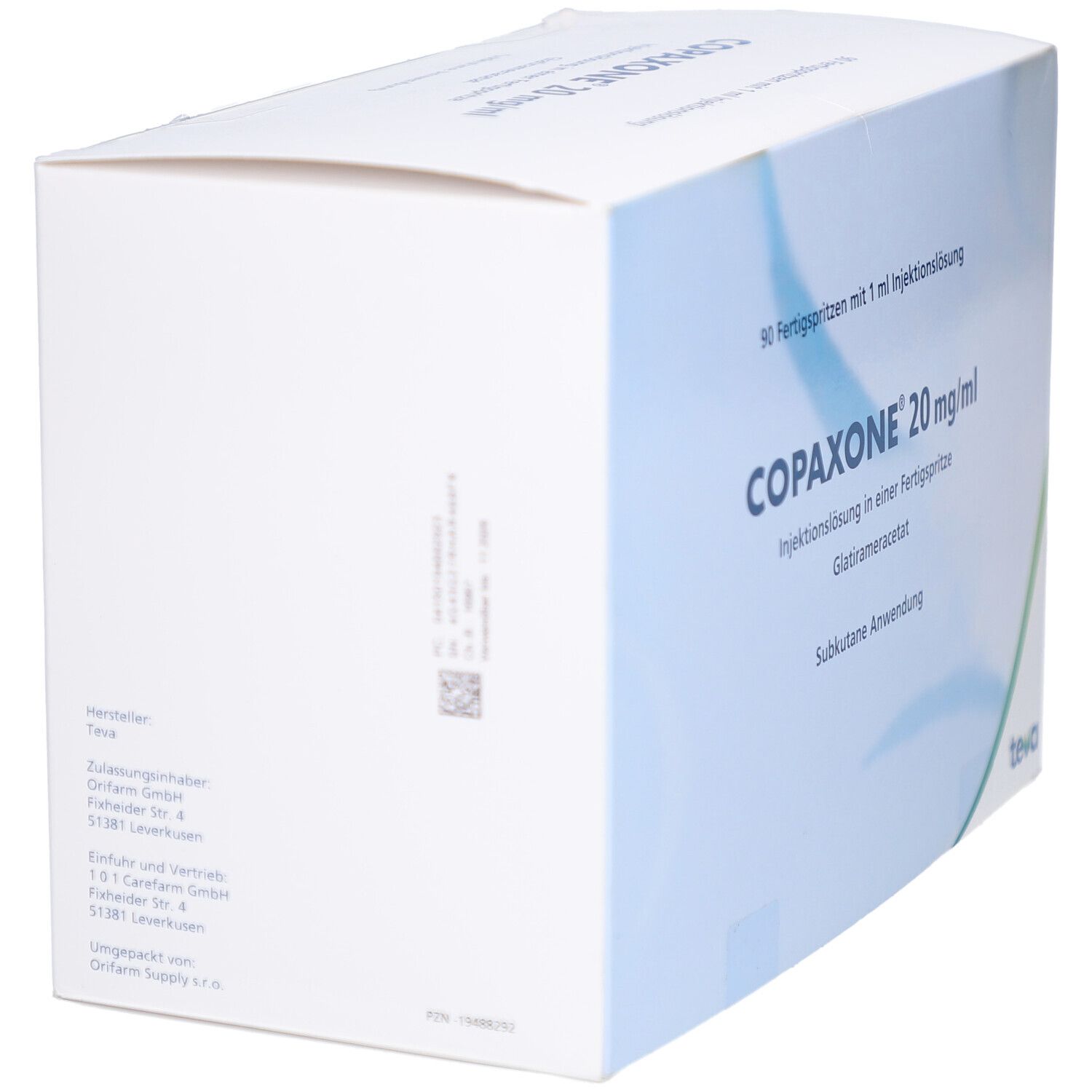 Schachtel mit COPAXONE 20 mg/ml. Aufschrift: 90 Fertigspritzen, Injektionslösung, Glatirameracetat, subkutane Anwendung. Teva-Logo. Rückseite mit Text.