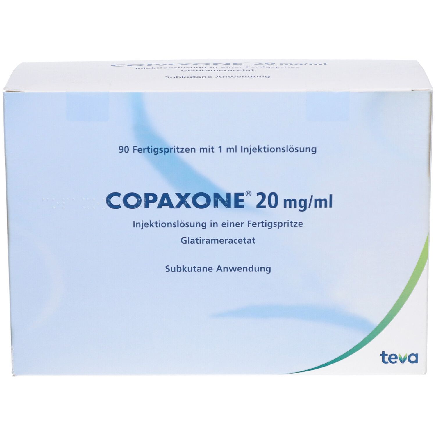 Schachtel mit COPAXONE 20 mg/ml. Aufschrift: 90 Fertigspritzen, Injektionslösung, Glatirameracetat, subkutane Anwendung. Teva-Logo.