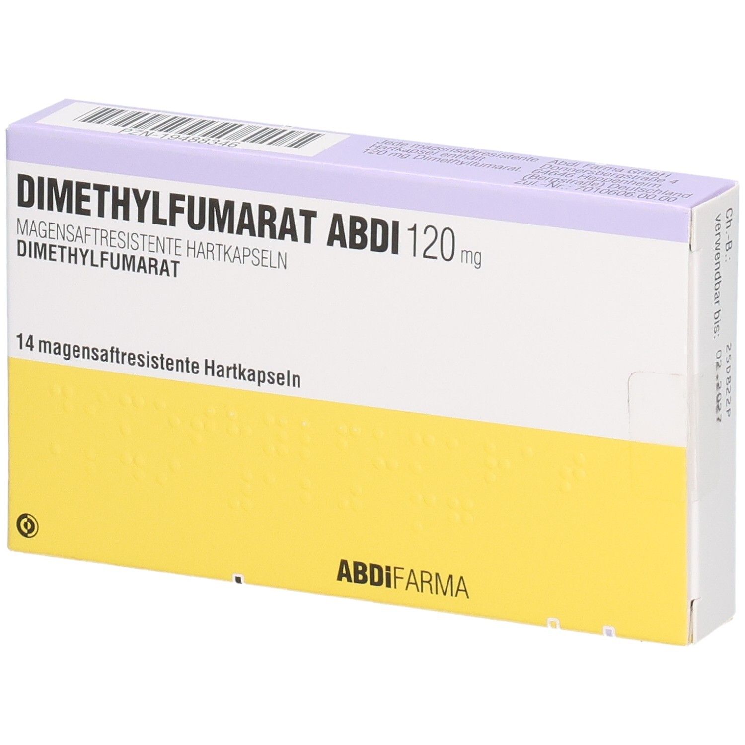 Schachtel mit DIMETHYLFUMARAT ABDI 120 mg magensaftres.Hartkaps. Gelb-weiß. Text: 14 magensaftresistente Hartkapseln. ABDI FARMA.
