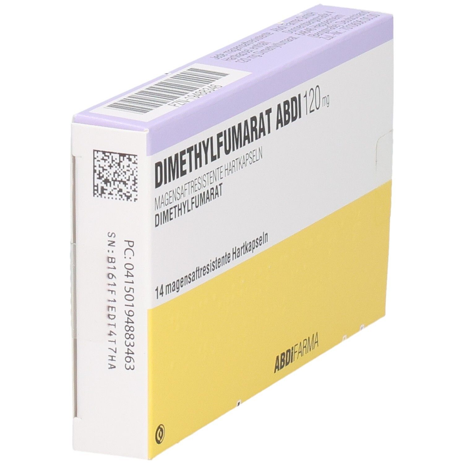 Schachtel DIMETHYLFUMARAT ABDI 120 mg. Gelb-weiß. Text: 14 magensaftresistente Hartkapseln. ABDI FARMA. Barcode und QR-Code auf der Seite.