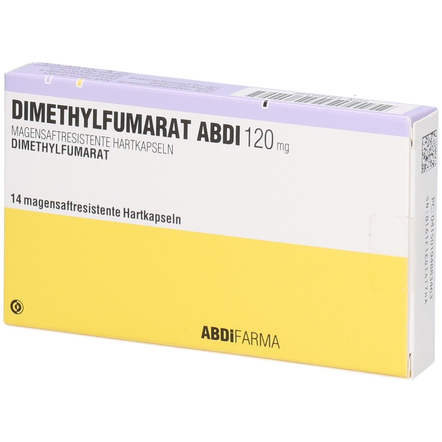 Schachtel mit DIMETHYLFUMARAT ABDI 120 mg magensaftres.Hartkaps. Gelb-weiß. Text: 14 magensaftresistente Hartkapseln. ABDI FARMA.