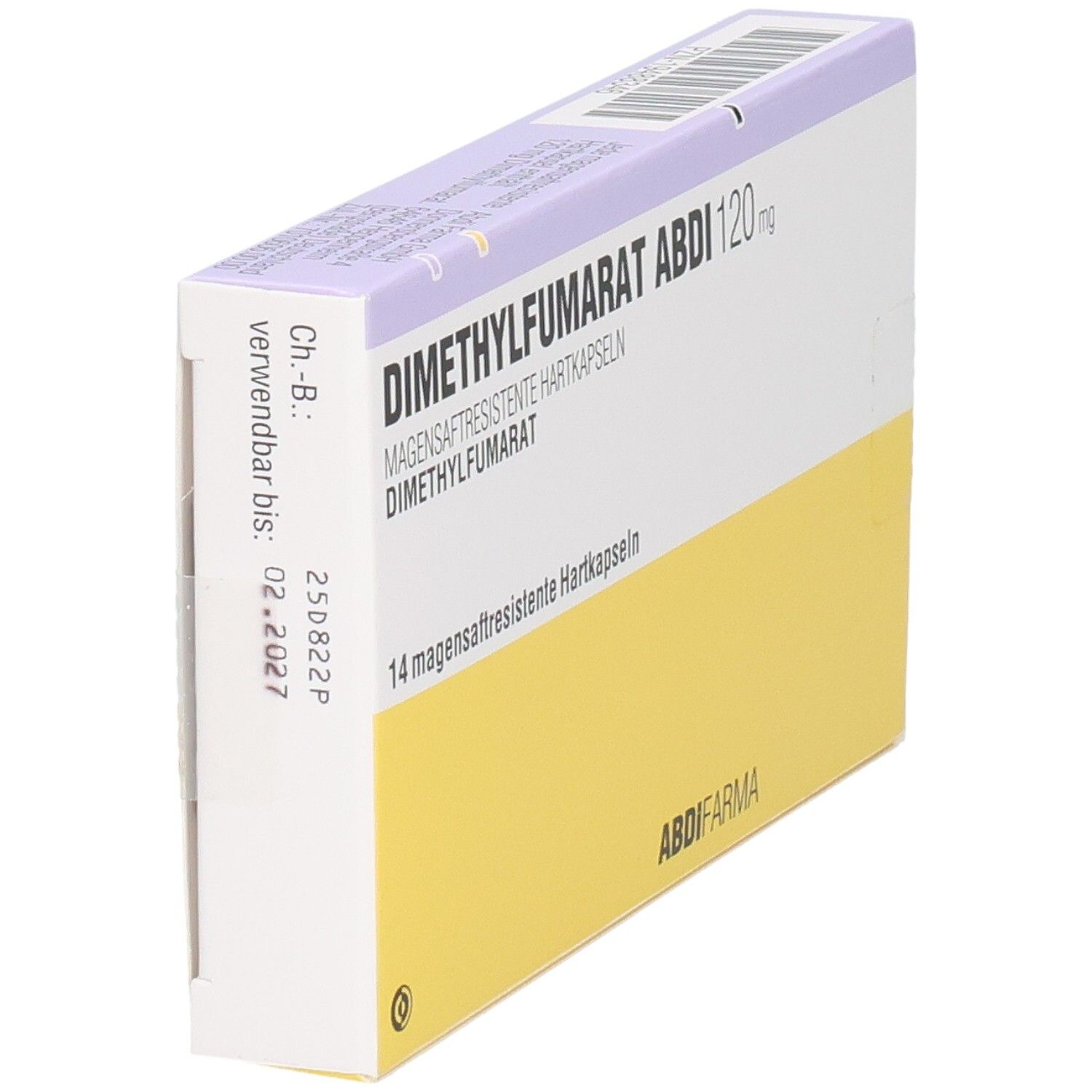 Schachtel DIMETHYLFUMARAT ABDI 120 mg. Gelb-weiß. Text: 14 magensaftresistente Hartkapseln. ABDI FARMA. Verfallsdatum 02.2027.