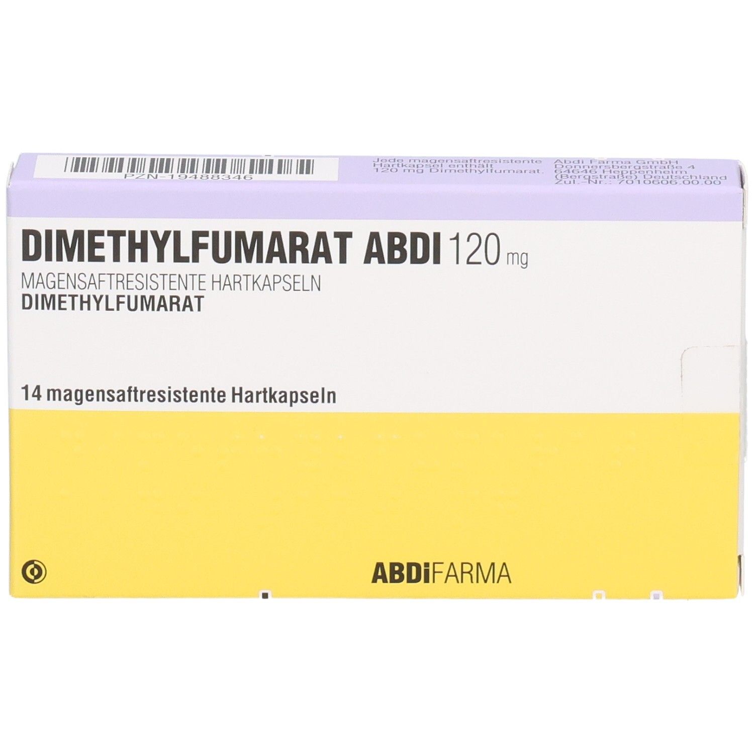 Schachtel mit DIMETHYLFUMARAT ABDI 120 mg magensaftres.Hartkaps. Gelb-weiß. Text: 14 magensaftresistente Hartkapseln. ABDI FARMA.