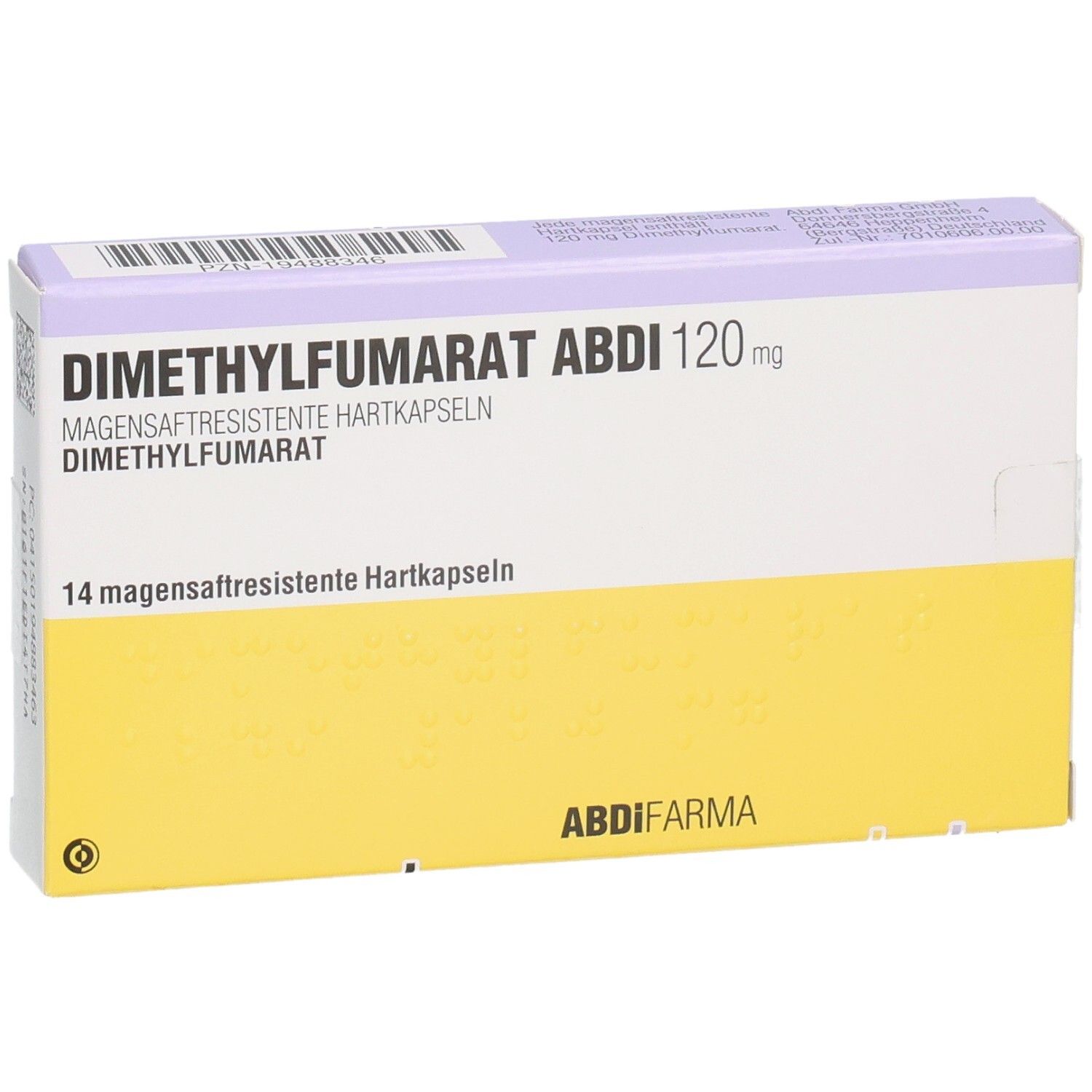Schachtel mit DIMETHYLFUMARAT ABDI 120 mg magensaftres.Hartkaps. Gelb-weiß. Text: 14 magensaftresistente Hartkapseln. ABDI FARMA.