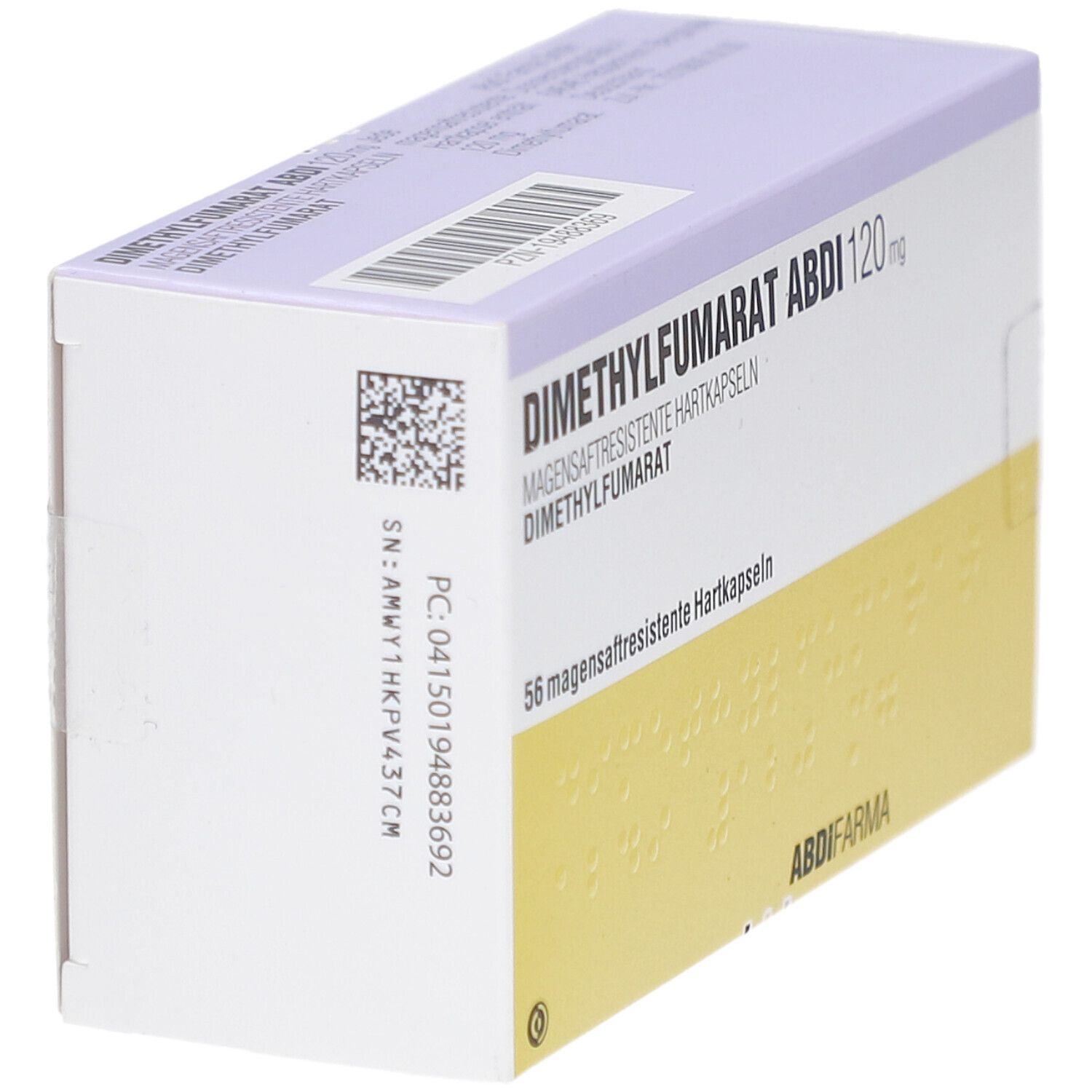 Schachtel mit DIMETHYLFUMARAT ABDI 120 mg. Aufschrift: 56 magensaftresistente Hartkapseln. Logo ABDI Pharma. QR-Code.