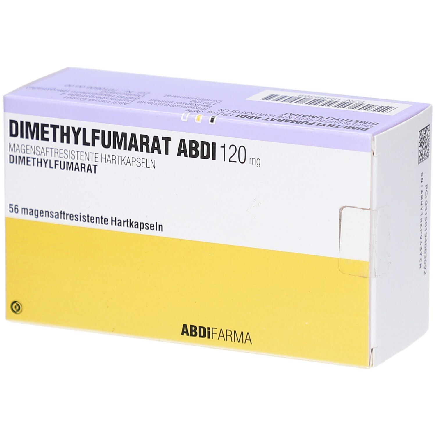 Schachtel mit DIMETHYLFUMARAT ABDI 120 mg. Aufschrift: 56 magensaftresistente Hartkapseln. Logo ABDI Pharma.