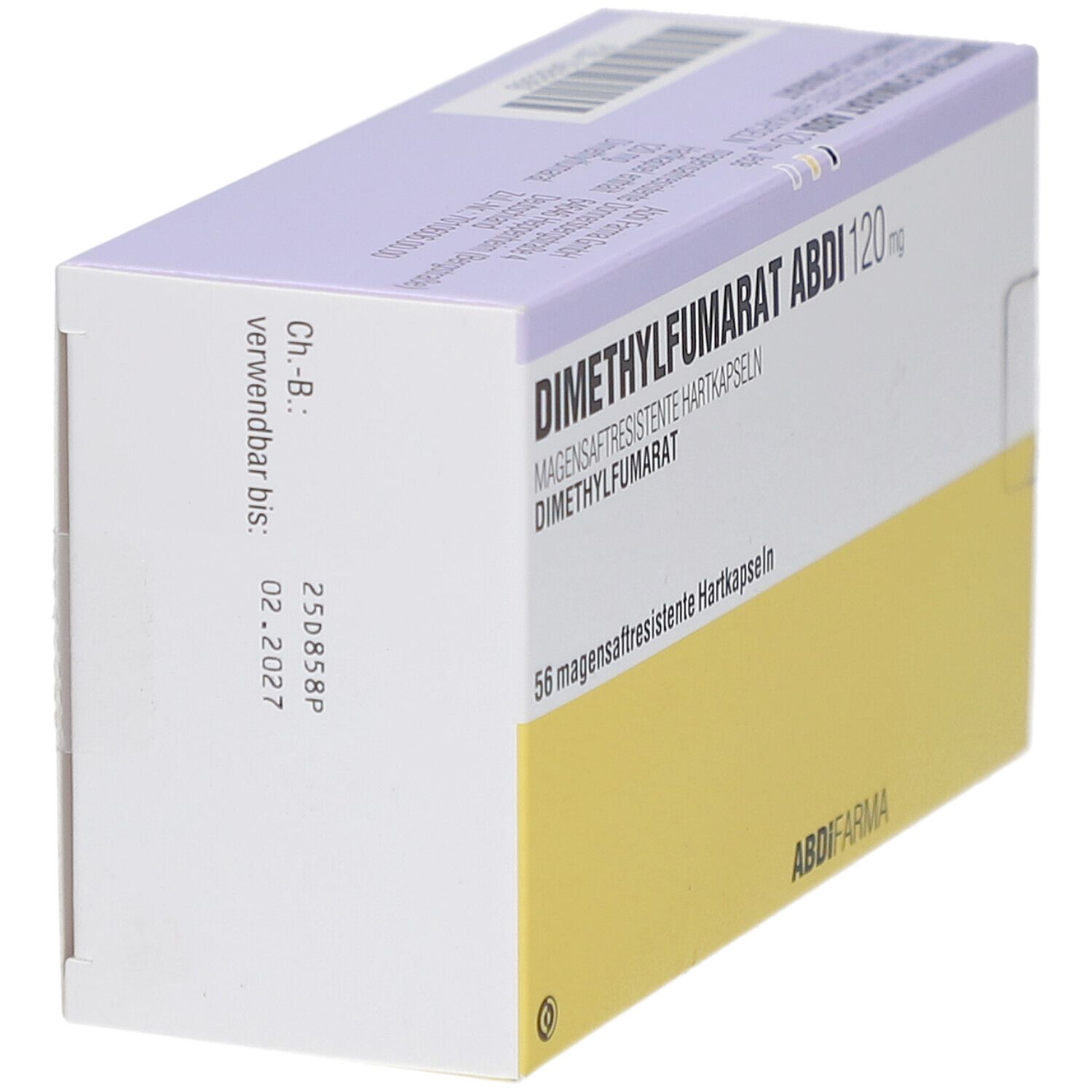 Schachtel mit DIMETHYLFUMARAT ABDI 120 mg. Aufschrift: 56 magensaftresistente Hartkapseln. Logo ABDI Pharma. Verfallsdatum.