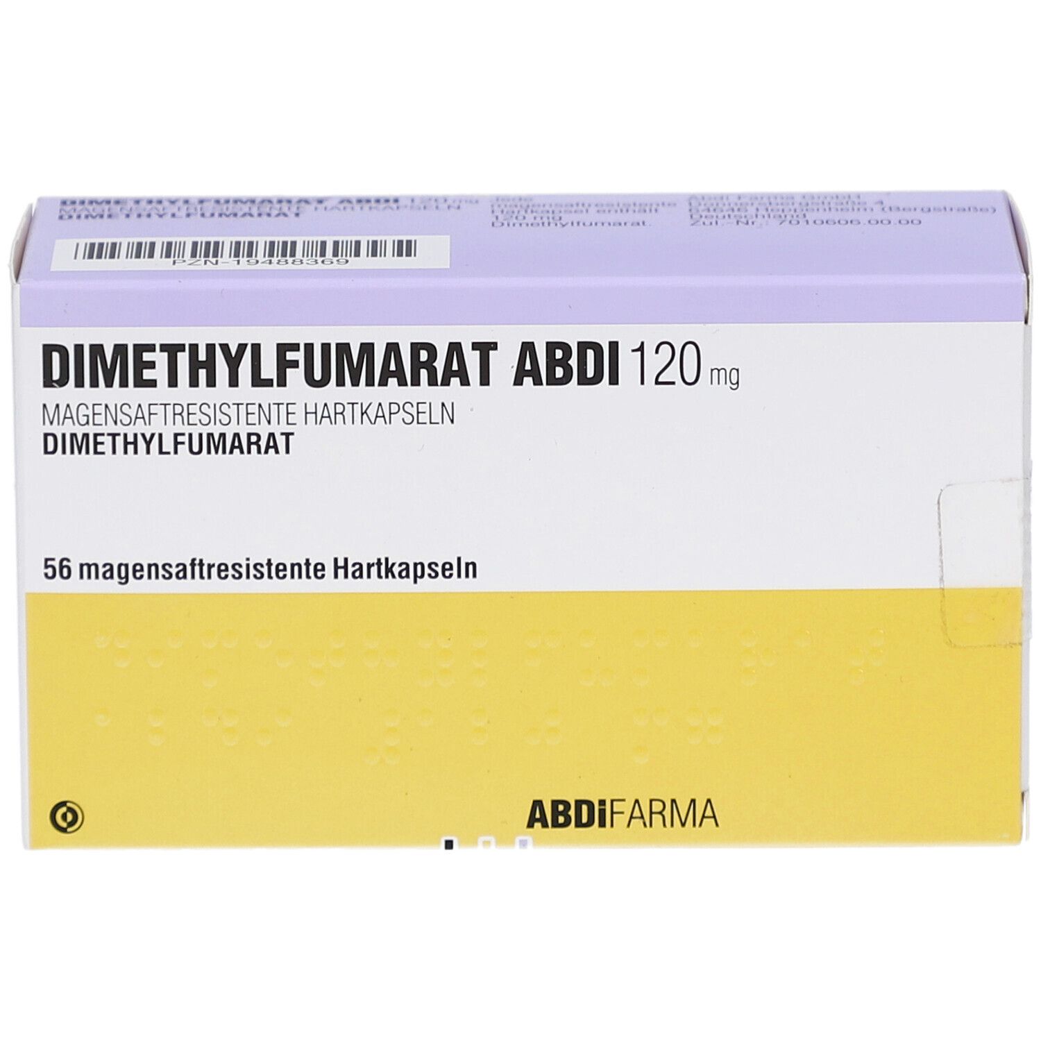 Schachtel mit DIMETHYLFUMARAT ABDI 120 mg. Aufschrift: 56 magensaftresistente Hartkapseln. Logo ABDI Pharma.