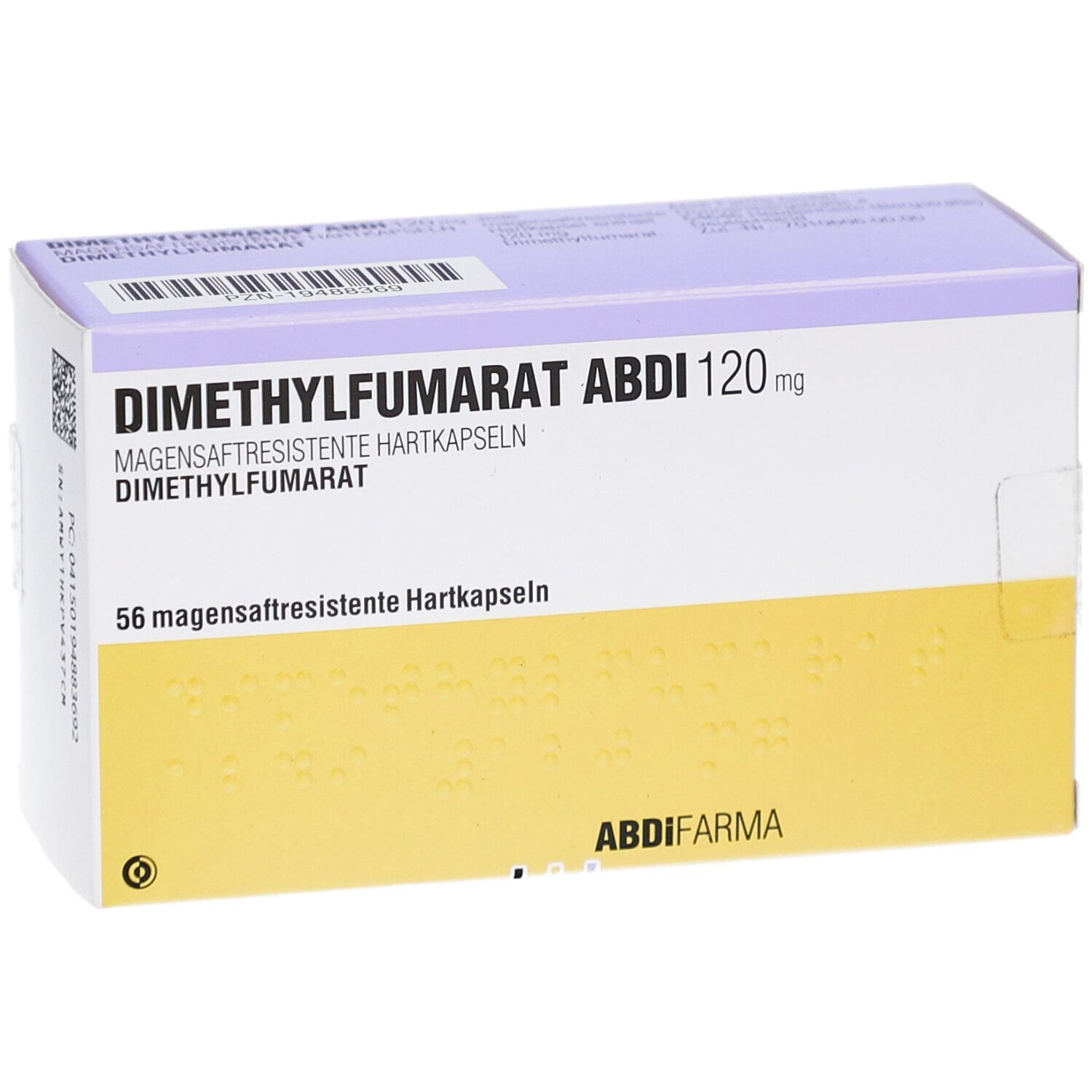 Schachtel mit DIMETHYLFUMARAT ABDI 120 mg. Aufschrift: 56 magensaftresistente Hartkapseln. Logo ABDI Pharma.