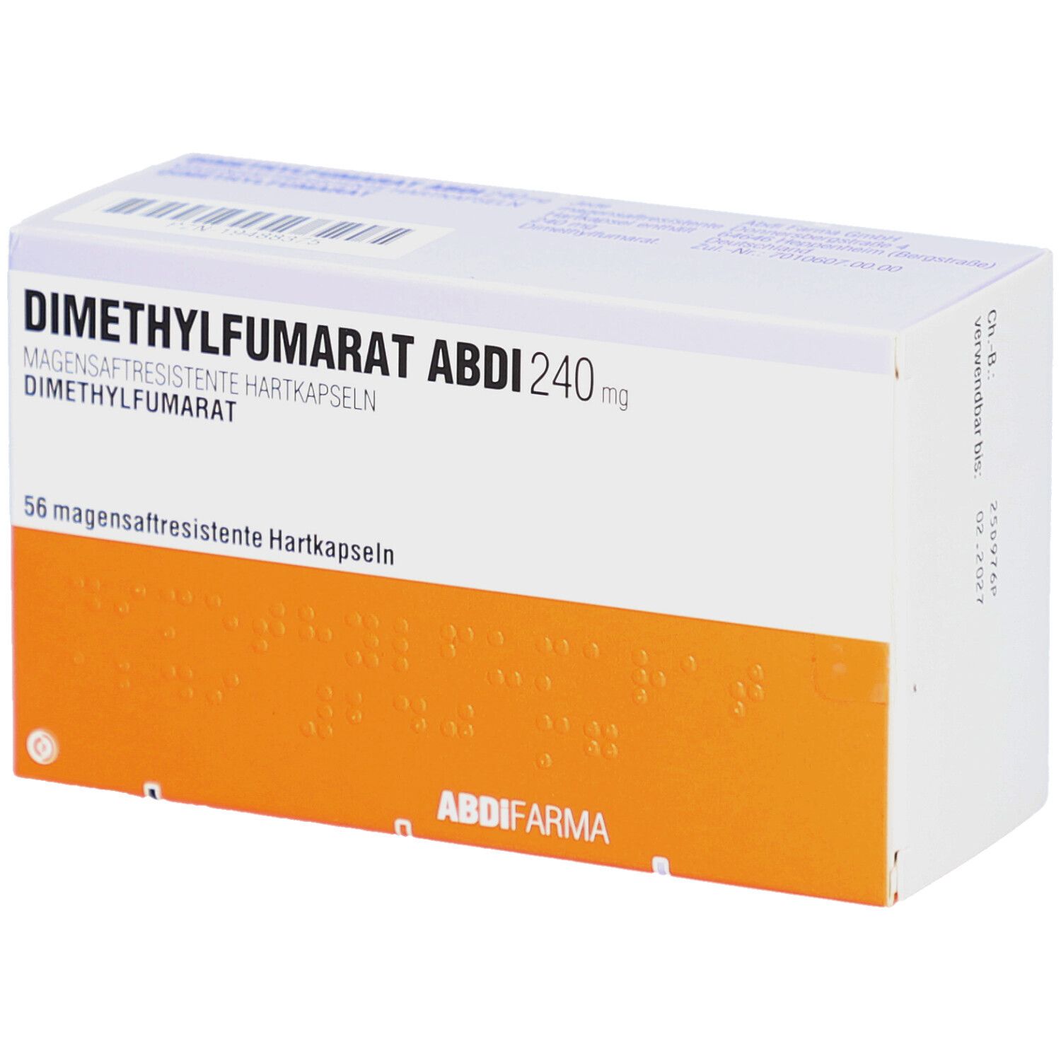 Schachtel mit DIMETHYLFUMARAT Abdi 240 mg magensaftres.Hartkaps. Aufschrift: 56 magensaftresistente Hartkapseln. Orangefarbener Streifen.
