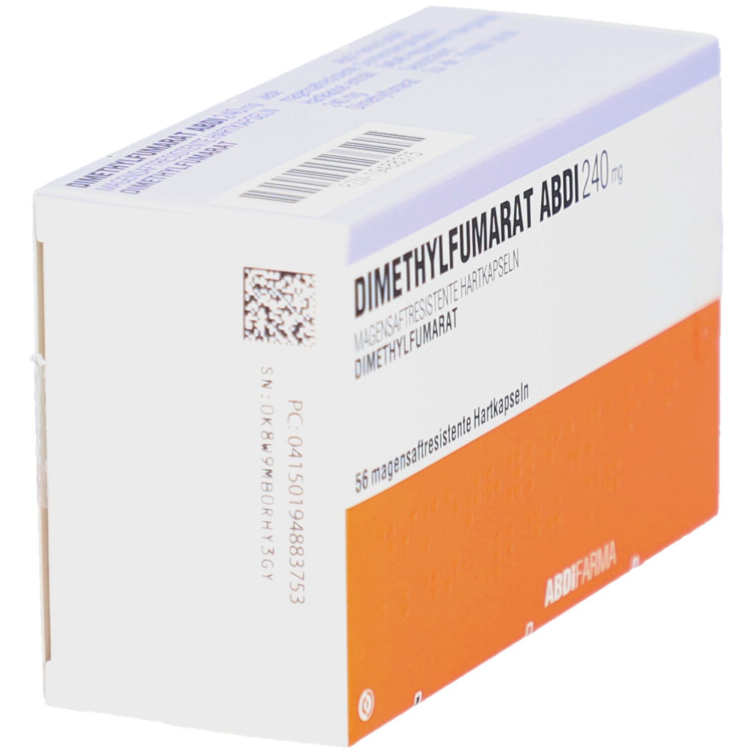 Schachtel mit DIMETHYLFUMARAT Abdi 240 mg magensaftres.Hartkaps. Aufschrift: 56 magensaftresistente Hartkapseln. Orangefarbener Streifen.