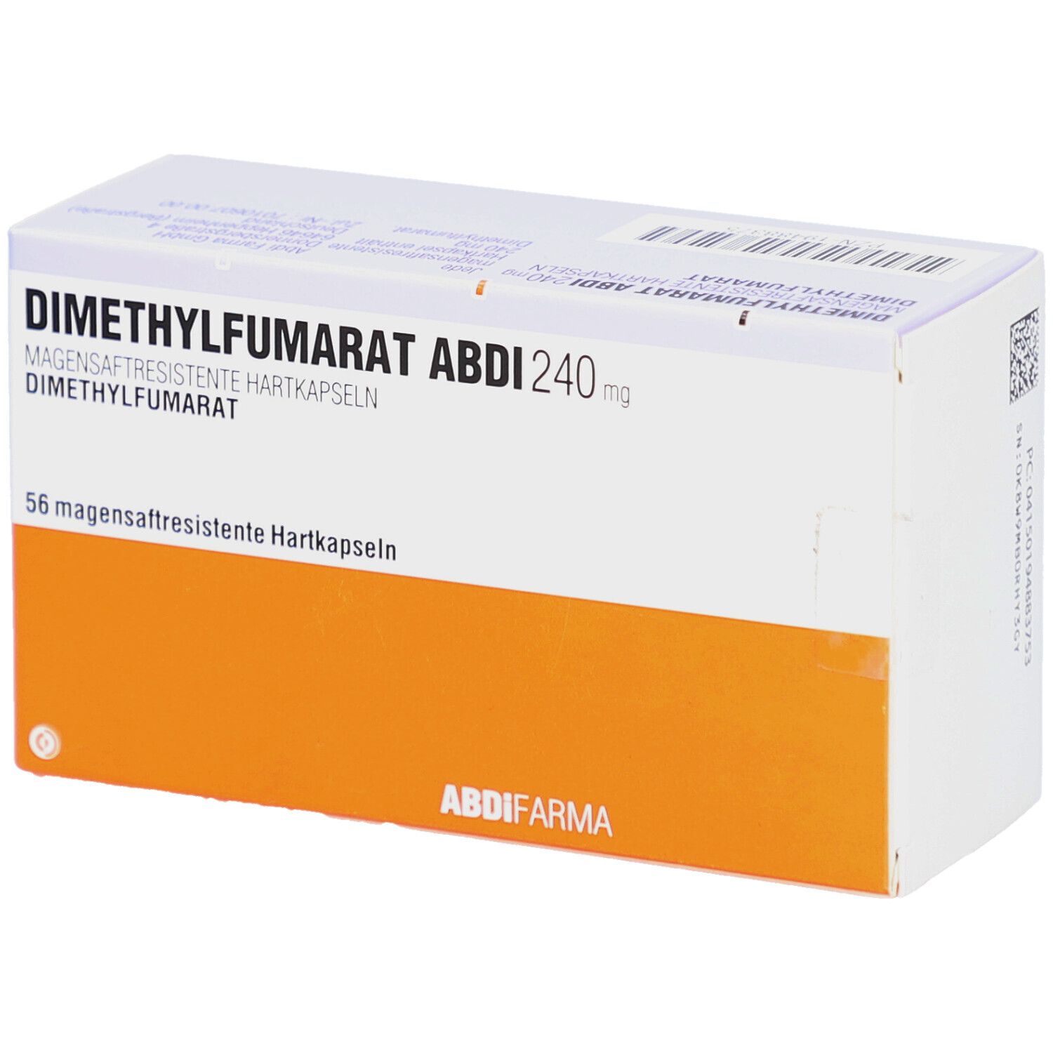 Schachtel mit DIMETHYLFUMARAT Abdi 240 mg magensaftres.Hartkaps. Aufschrift: 56 magensaftresistente Hartkapseln. Orangefarbener Streifen.