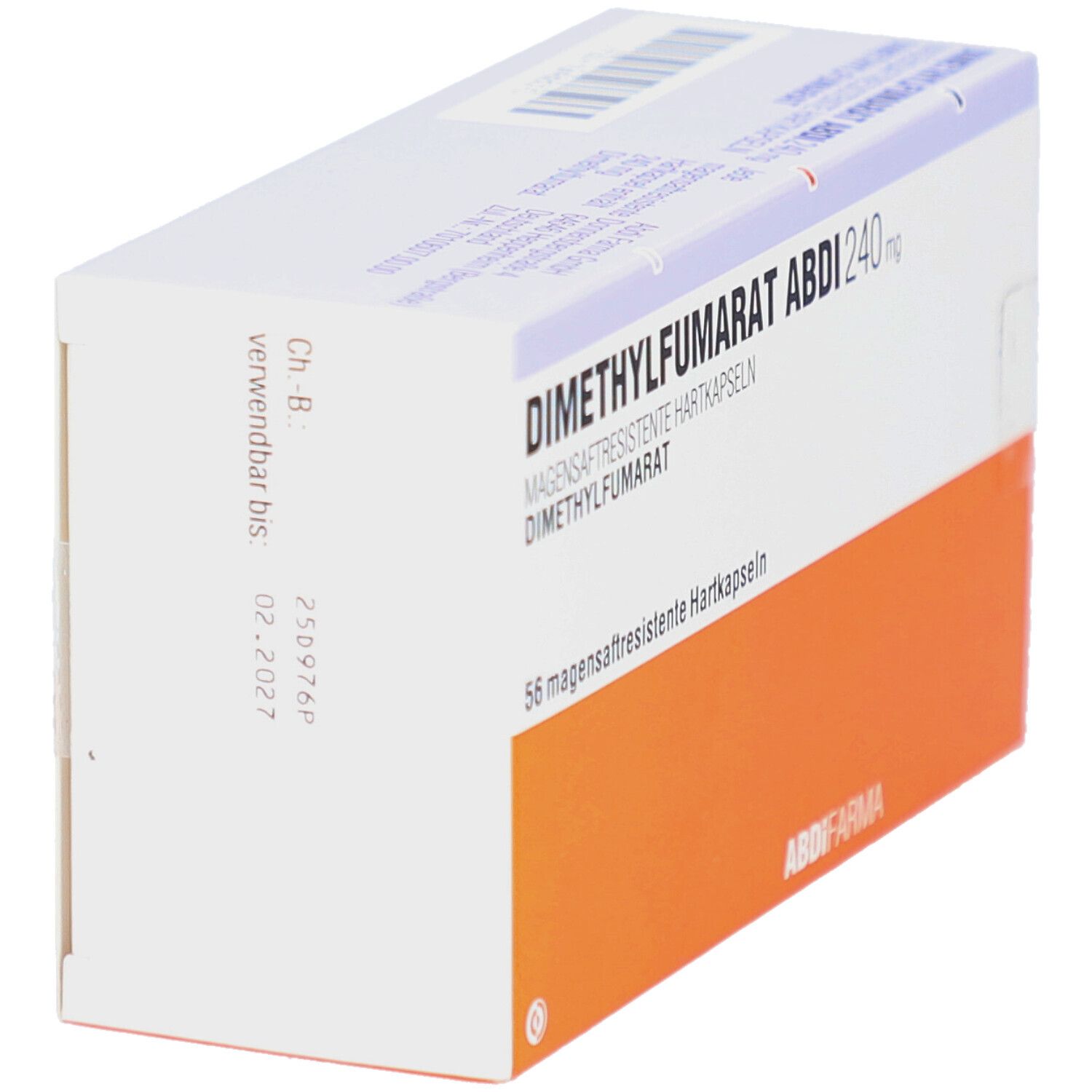 Schachtel mit DIMETHYLFUMARAT Abdi 240 mg magensaftres.Hartkaps. Aufschrift: 56 magensaftresistente Hartkapseln. Orangefarbener Streifen.