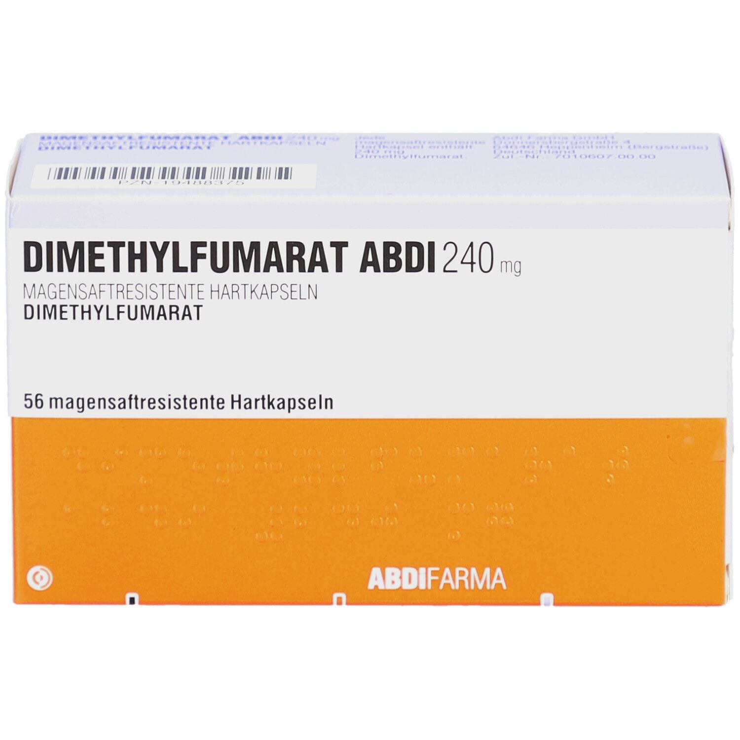 Schachtel mit DIMETHYLFUMARAT Abdi 240 mg magensaftres.Hartkaps. Aufschrift: 56 magensaftresistente Hartkapseln. Orangefarbener Streifen.