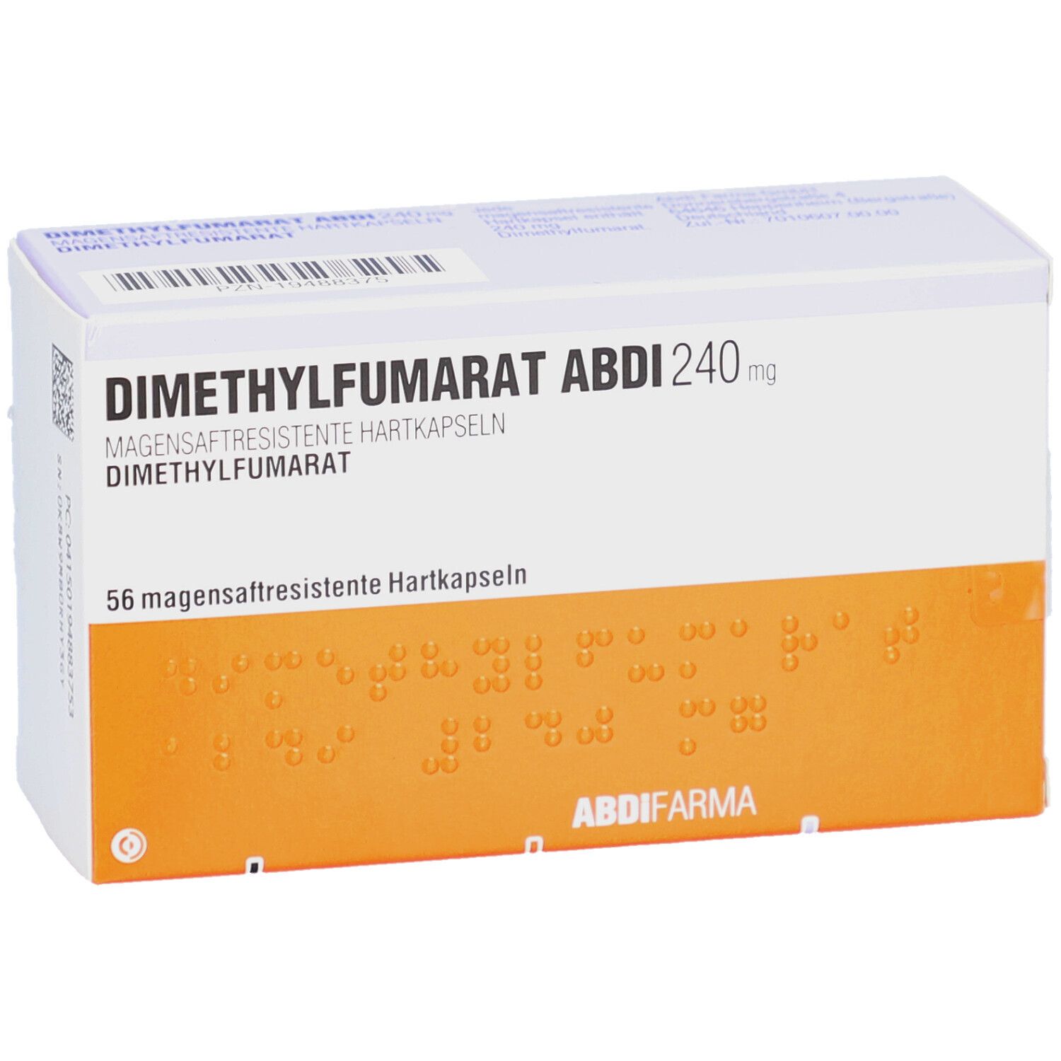 Schachtel mit DIMETHYLFUMARAT Abdi 240 mg magensaftres.Hartkaps. Aufschrift: 56 magensaftresistente Hartkapseln. Orangefarbener Streifen.