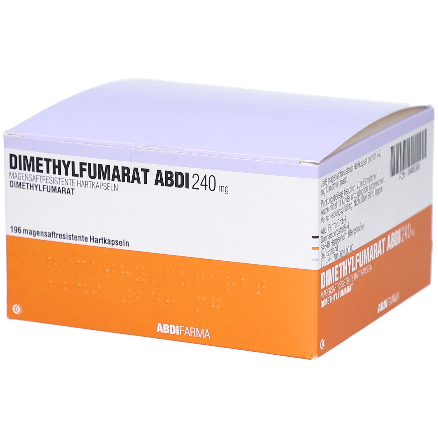 Schachtel mit DIMETHYLFUMARAT Abdi 240 mg. Orange-weiße Verpackung mit Produktinformationen und Logo.