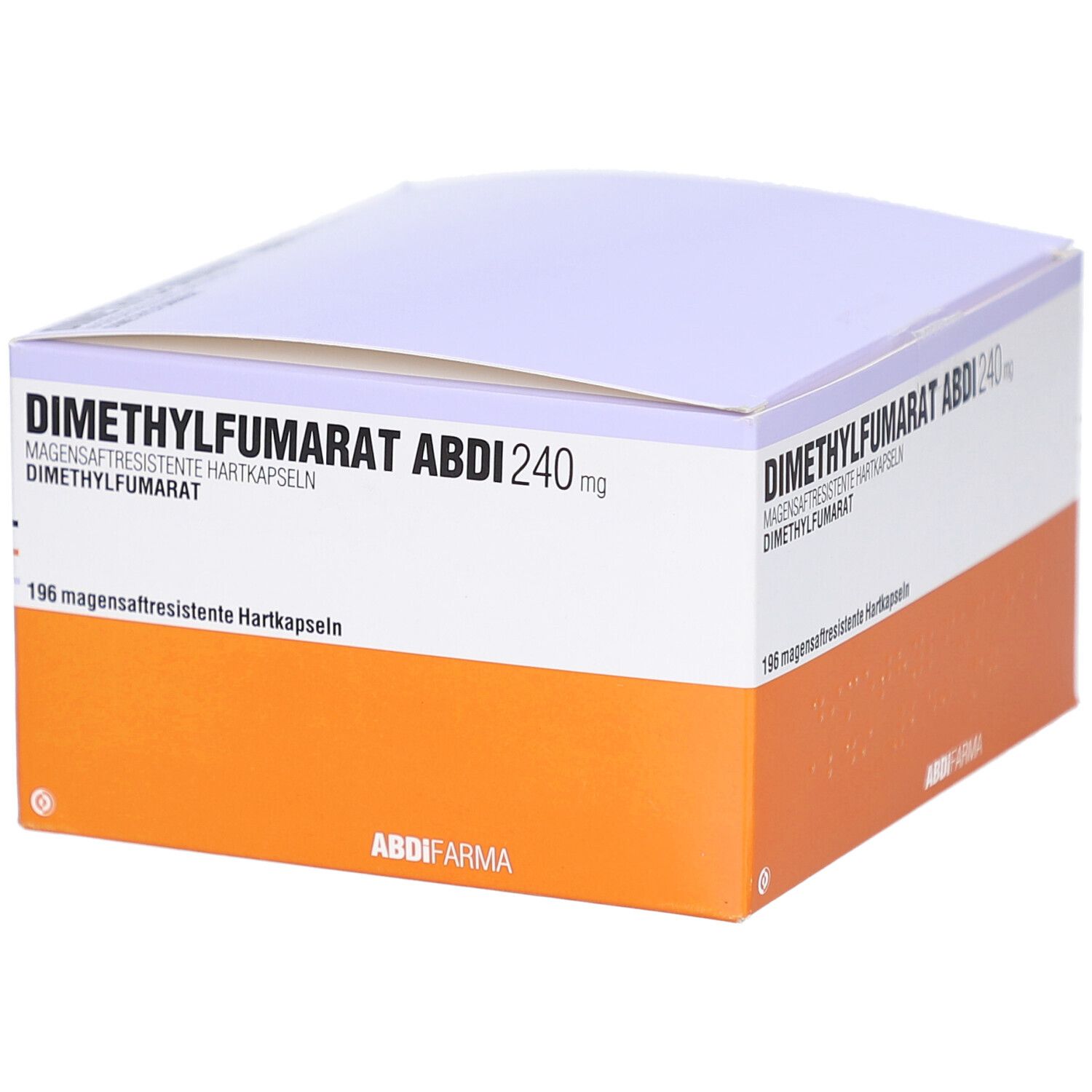 Schachtel mit DIMETHYLFUMARAT Abdi 240 mg. Orange-weiße Verpackung mit Produktinformationen.