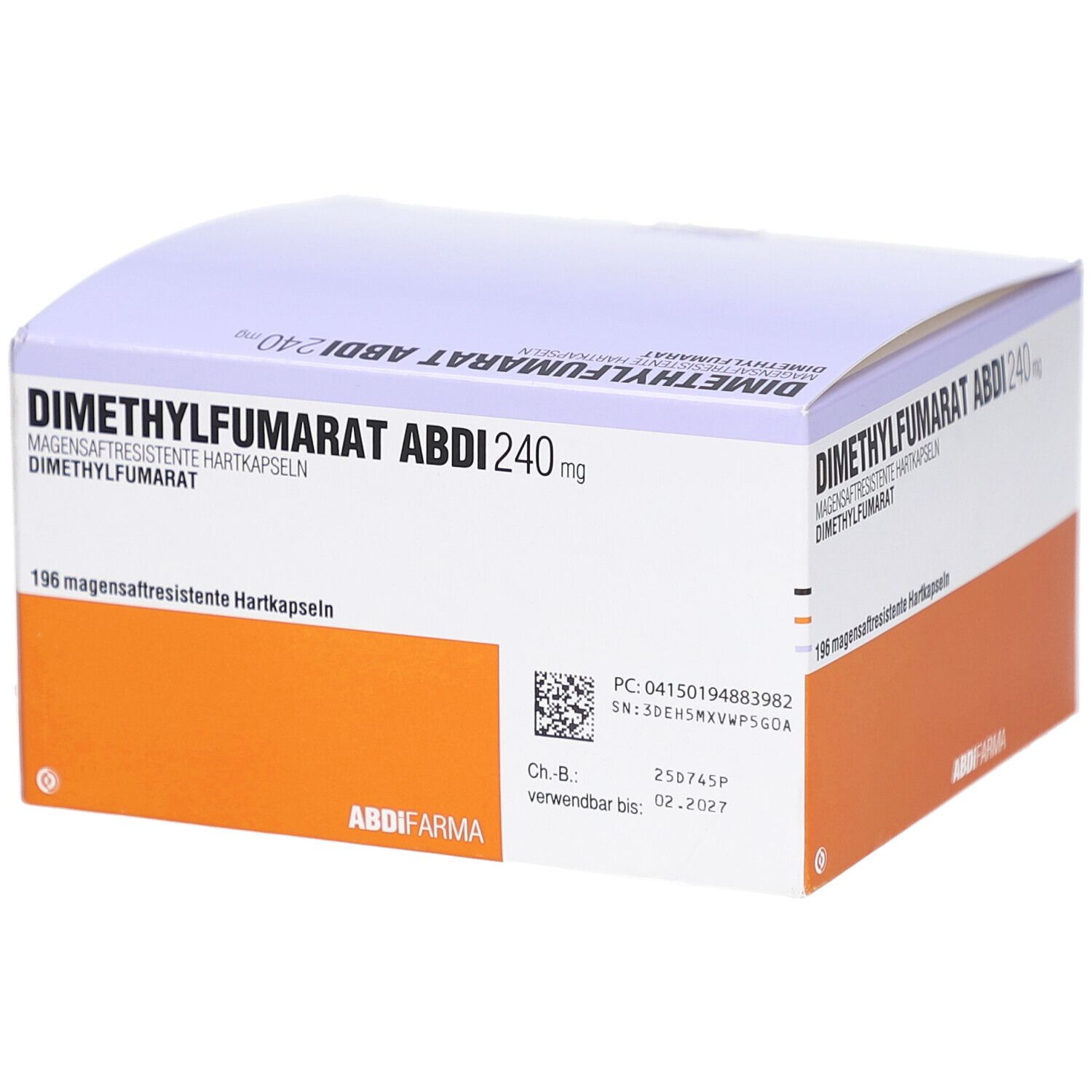 Schachtel mit DIMETHYLFUMARAT Abdi 240 mg. Orange-weiße Verpackung mit Barcode und Produktinformationen.