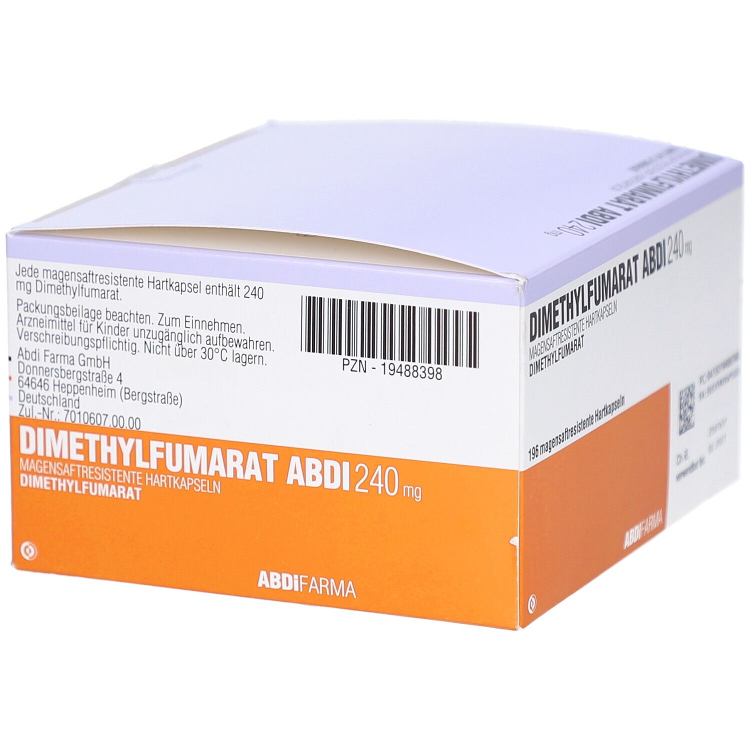 Schachtel mit DIMETHYLFUMARAT Abdi 240 mg. Orange-weiße Verpackung mit Text und Logo.