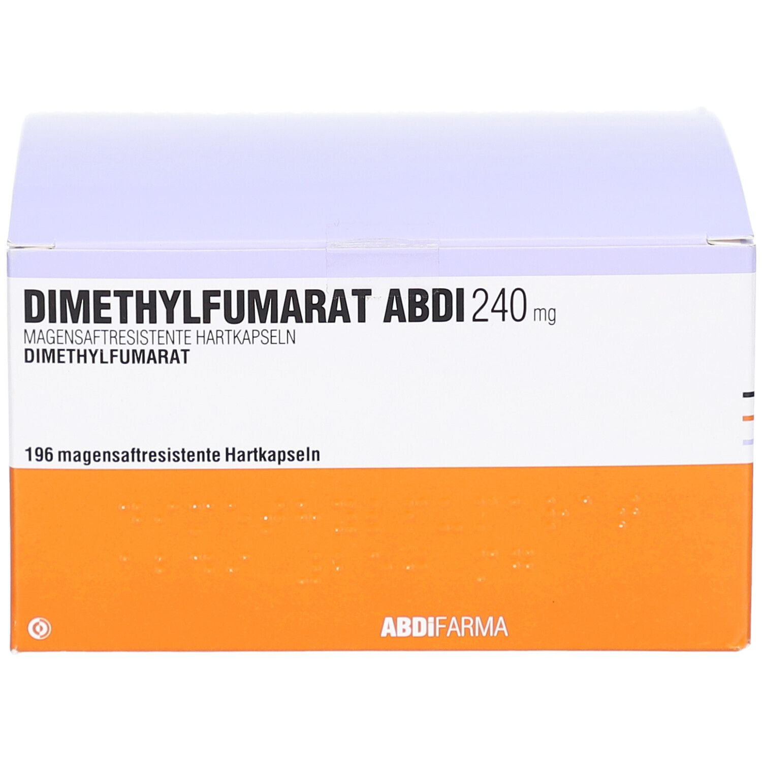 Schachtel mit DIMETHYLFUMARAT Abdi 240 mg. Orange-weiße Verpackung mit Produktinformationen.