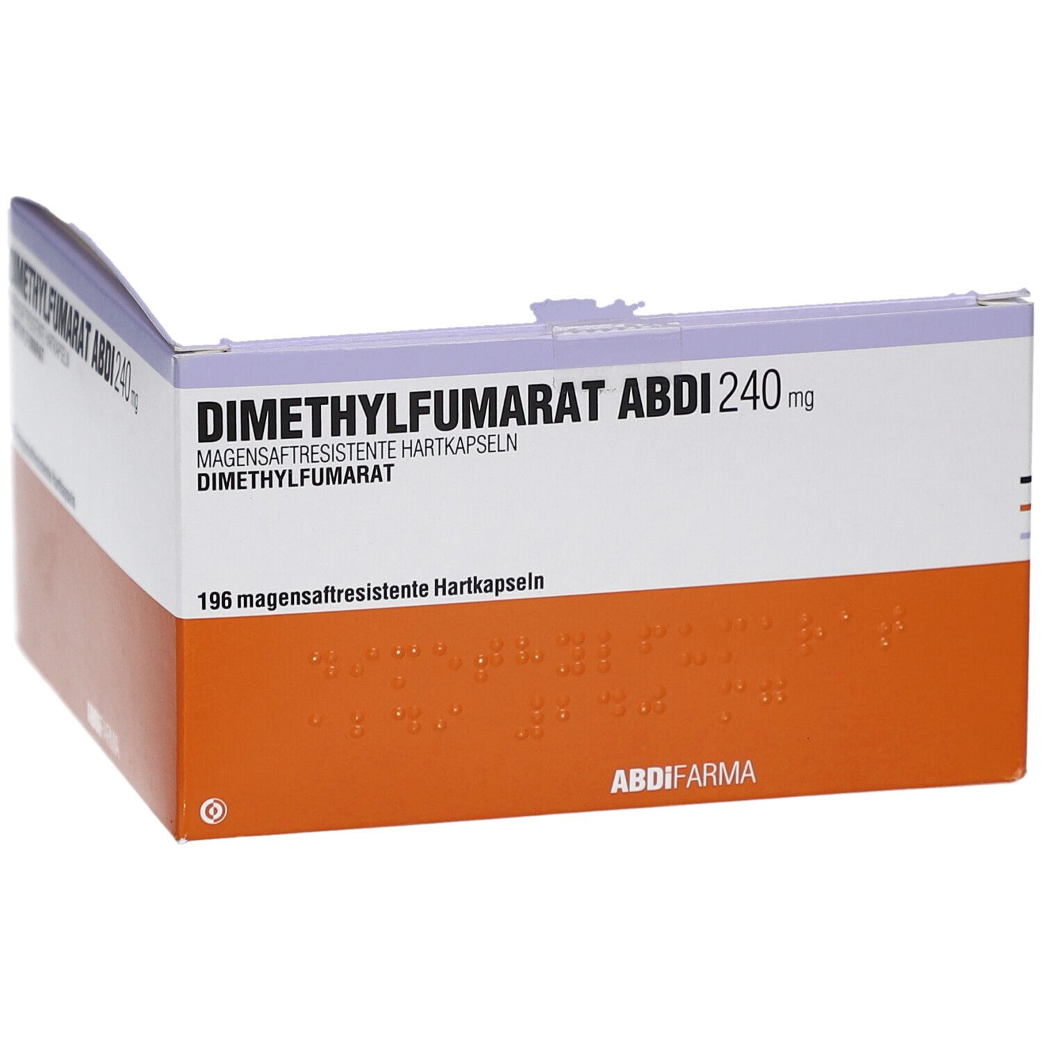 Schachtel mit DIMETHYLFUMARAT Abdi 240 mg. Orange-weiße Verpackung mit Logo.