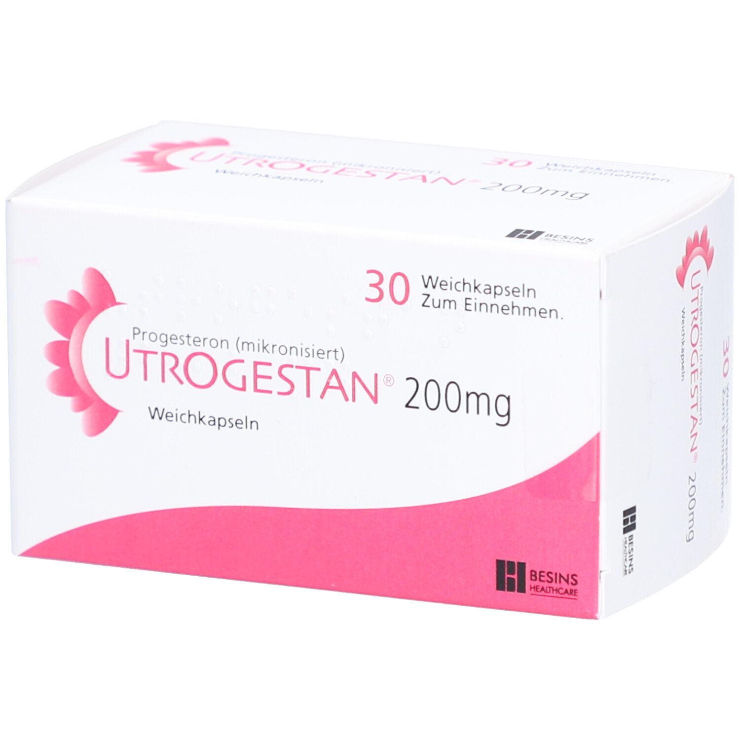Schachtel mit UTROGESTAN 200 mg Weichkapseln. 30 Kapseln. Rosa und weiße Verpackung. Besins Healthcare Logo.