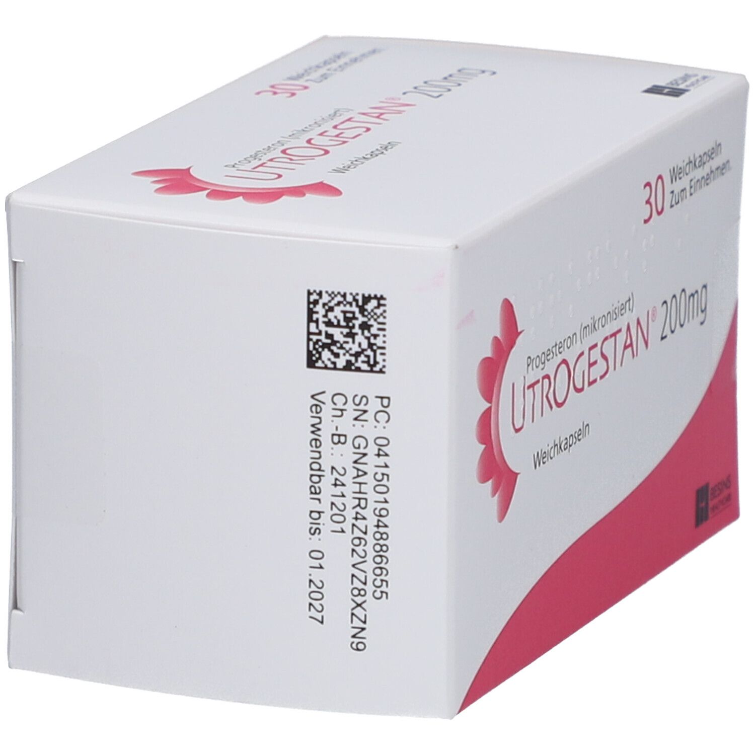 Schachtel UTROGESTAN 200 mg. Rückseite mit Barcode, Chargennummer und Verfallsdatum. Weiße und rosa Verpackung.