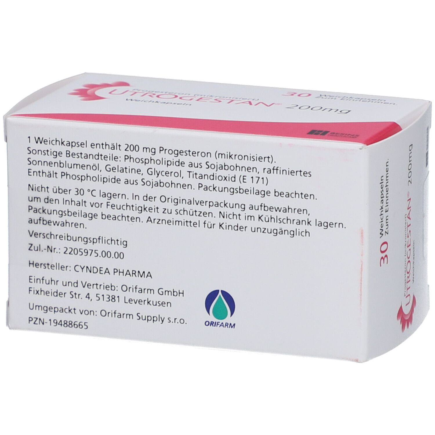 Schachtel UTROGESTAN 200 mg. Detailinformationen, Inhaltsstoffe und Herstellerangaben. Weiße und rosa Verpackung.