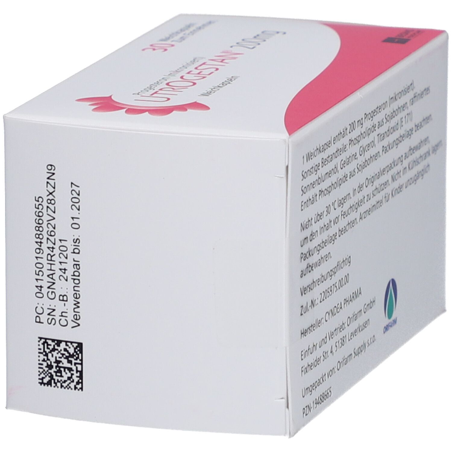 Schachtel UTROGESTAN 200 mg. Detailansicht der Rückseite mit Informationen. Weiße und rosa Verpackung.
