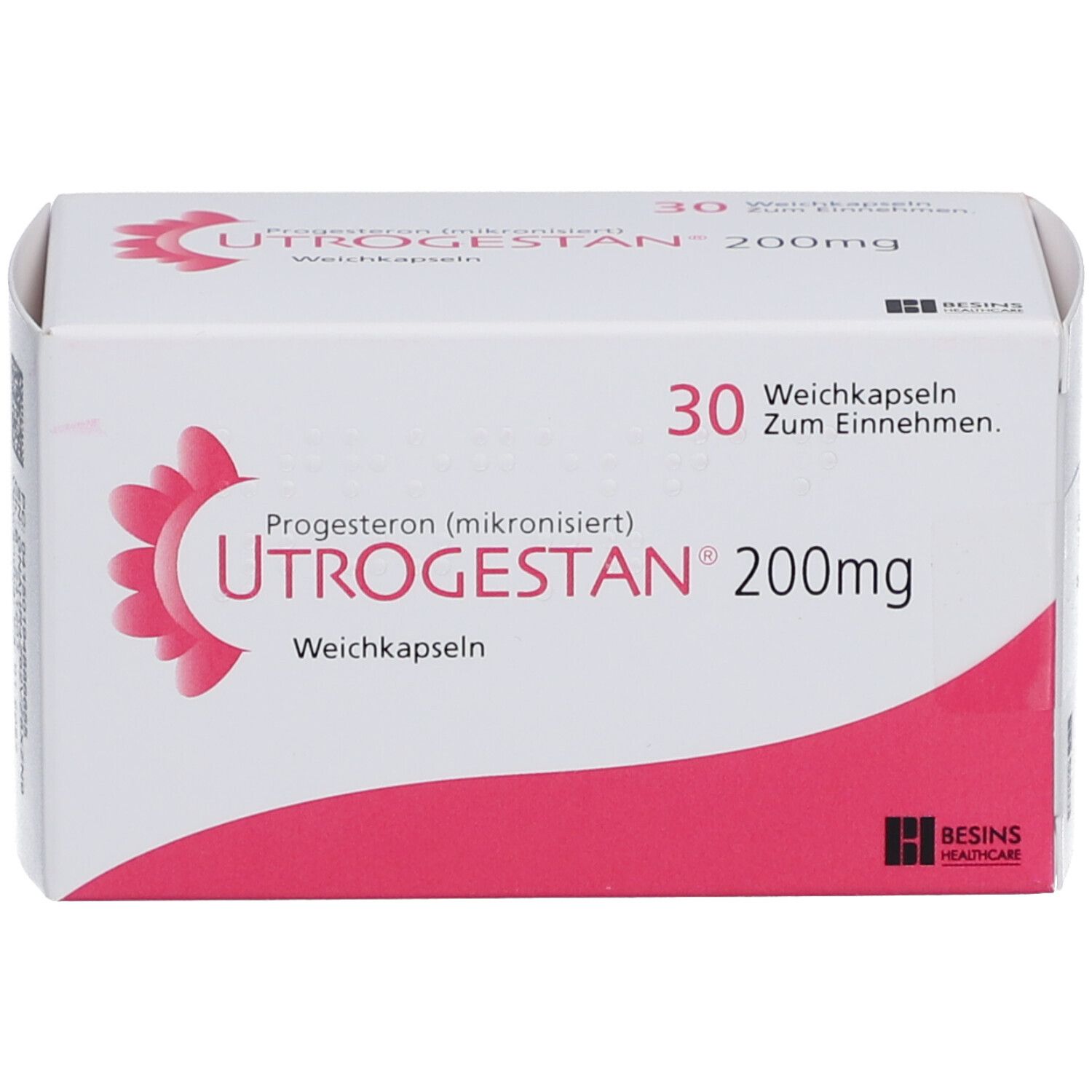 Schachtel UTROGESTAN 200 mg. 30 Weichkapseln. Weiße und rosa Verpackung. Besins Healthcare Logo.