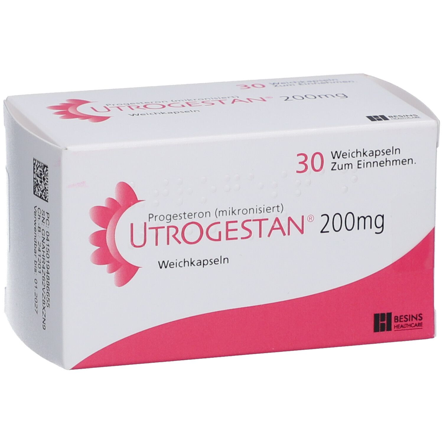 Schachtel UTROGESTAN 200 mg. 30 Weichkapseln. Weiße und rosa Verpackung. Besins Healthcare Logo.