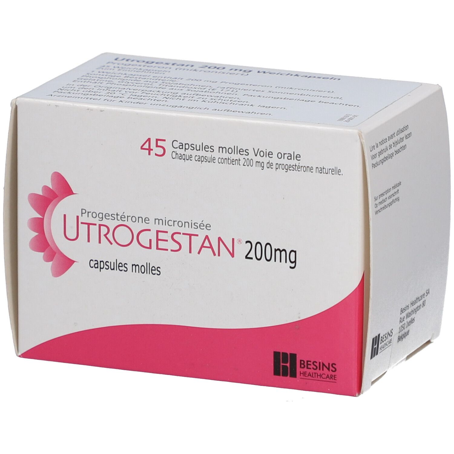 Weichkapseln-Schachtel. Aufschrift: UTROGESTAN 200 mg, 45 Kapseln. Rosa und weiße Verpackung. Logo: BESINS HEALTHCARE.