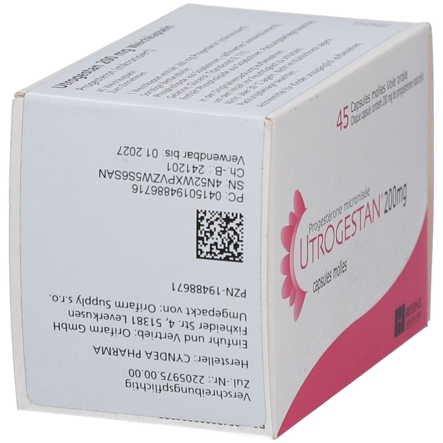 Verpackung von UTROGESTAN 200 mg. Aufdrucke mit Produktinformationen und Barcode. Logo: BESINS HEALTHCARE.
