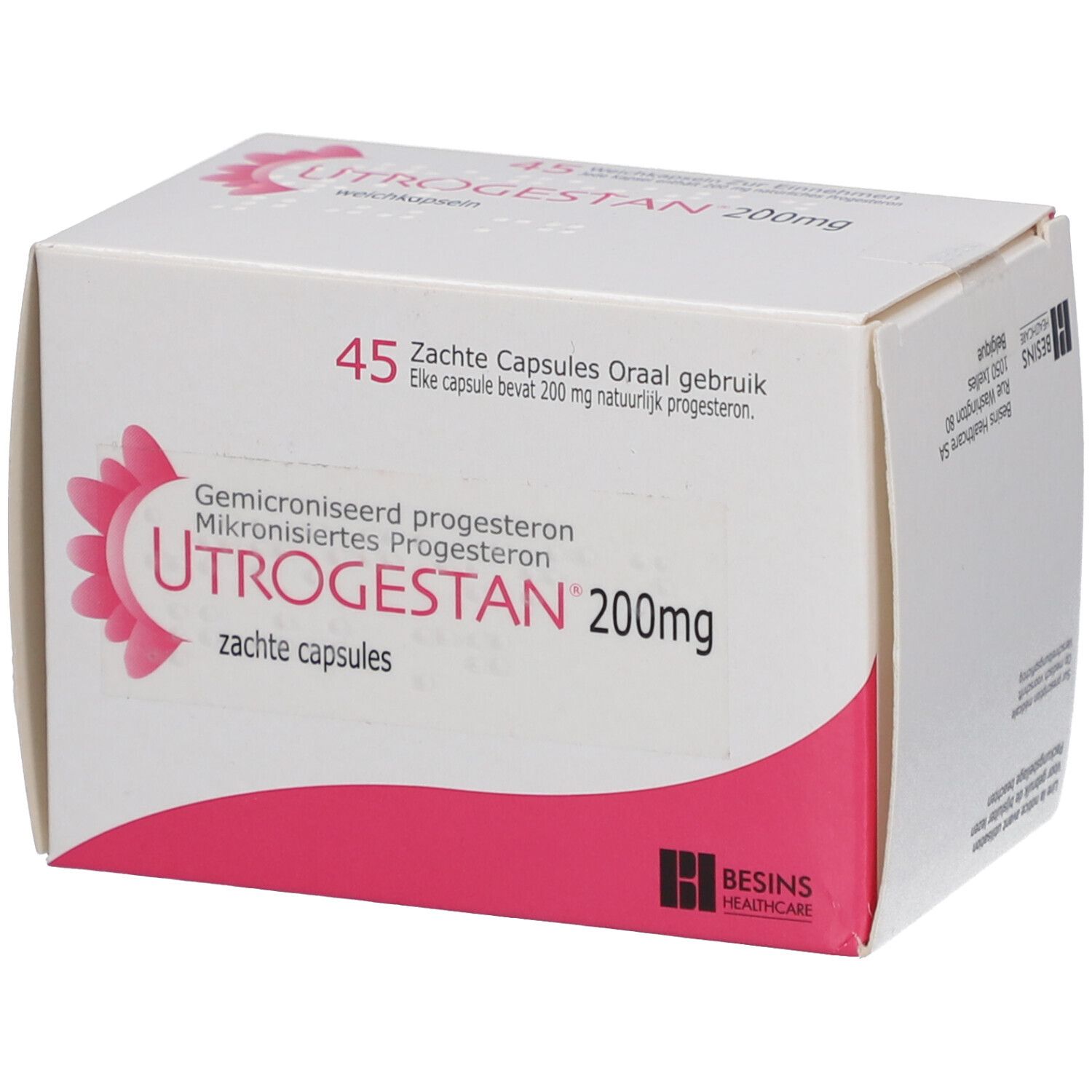 Schachtel mit UTROGESTAN 200 mg Weichkapseln. Aufschrift: 45 Kapseln. Rosa und weiße Verpackung. Logo: BESINS HEALTHCARE.