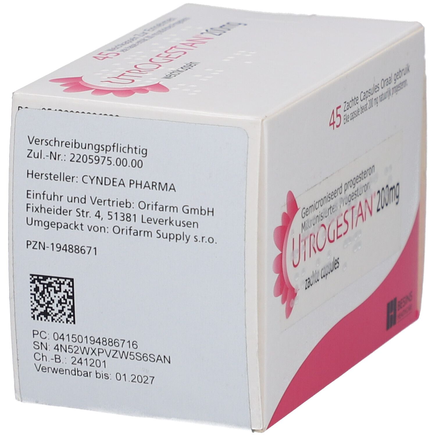 Verpackung von UTROGESTAN 200 mg. Aufdrucke mit Produktinformationen und Barcode. Logo: BESINS HEALTHCARE.