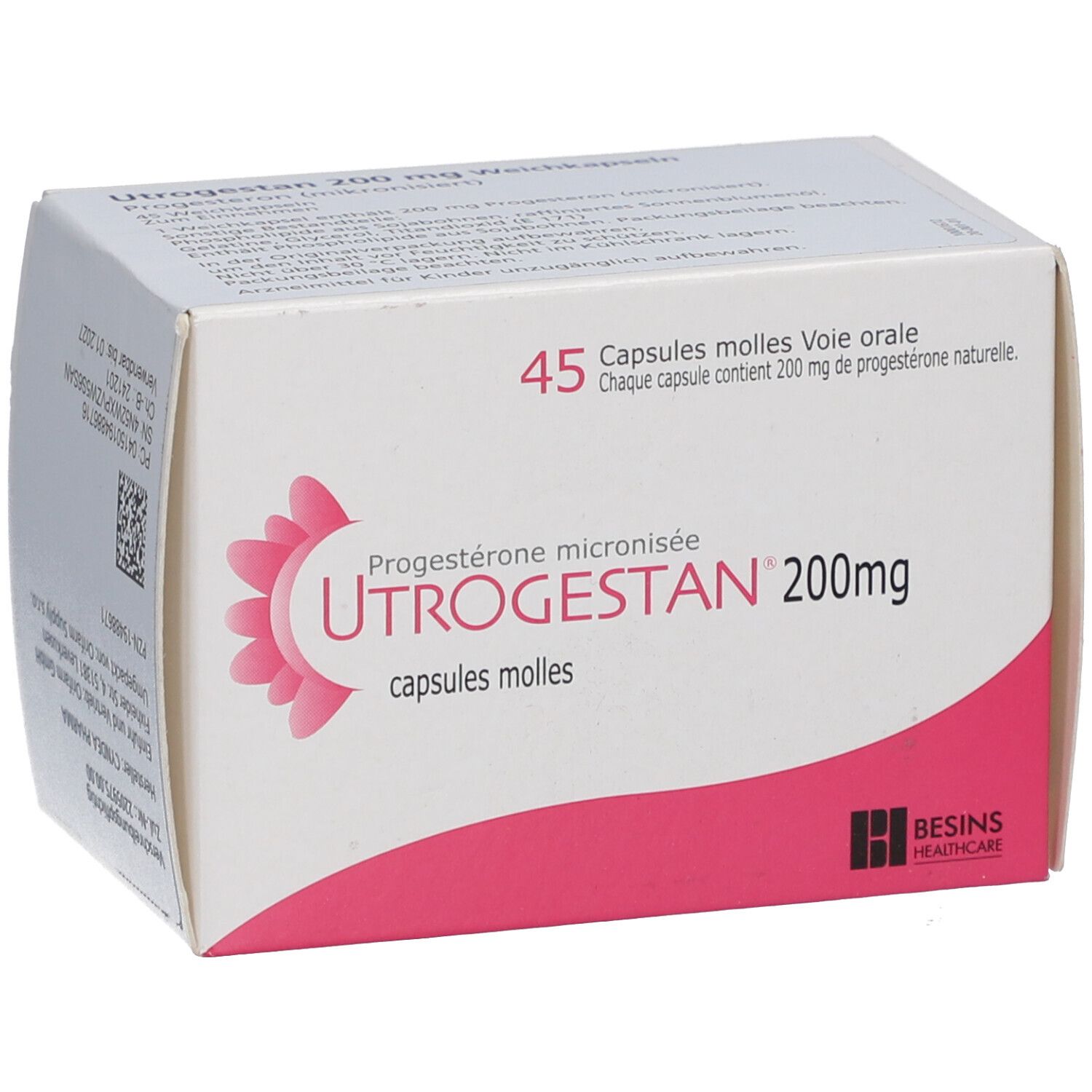 Schachtel mit UTROGESTAN 200 mg Weichkapseln. Aufschrift: 45 Kapseln. Rosa und weiße Verpackung. Logo: BESINS HEALTHCARE.
