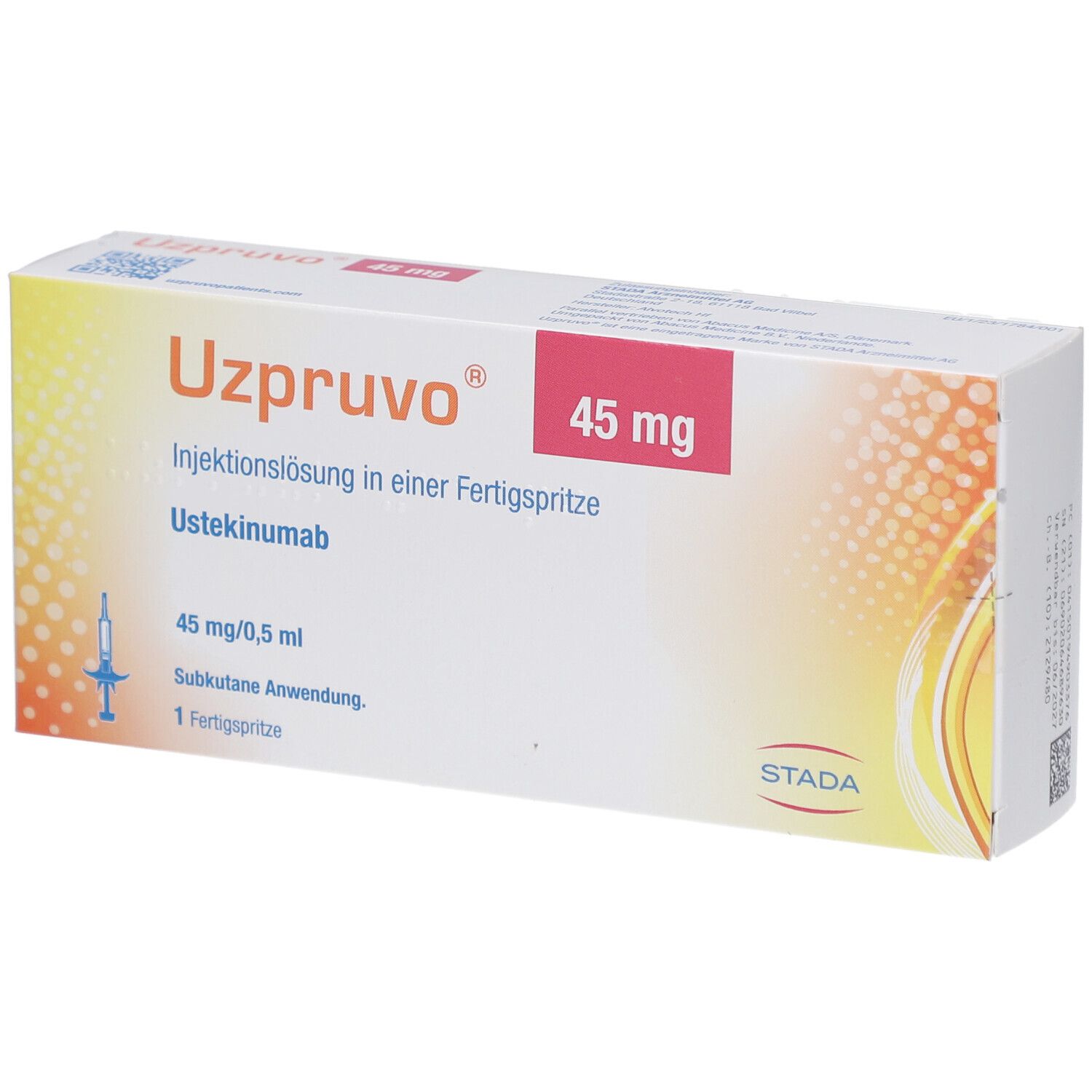 Schachtel UZPRUVO 45 mg Injektionslösung. Aufschrift: UZPRUVO, 45 mg, Injektionslösung in Fertigspr.. STADA Logo.