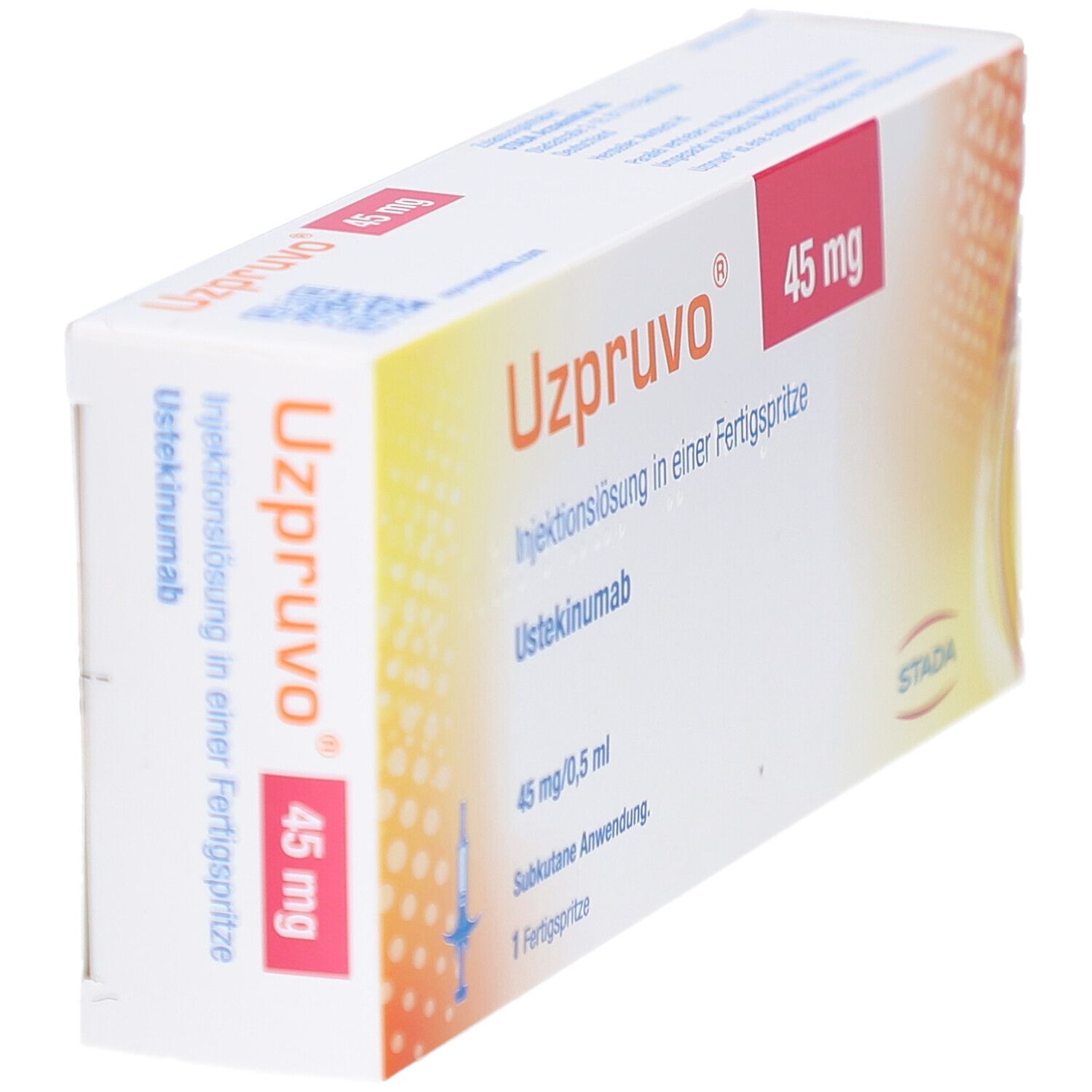 Schachtel UZPRUVO 45 mg, schräg. Aufschrift: UZPRUVO, 45 mg, Injektionslösung in Fertigspr.. STADA Logo.