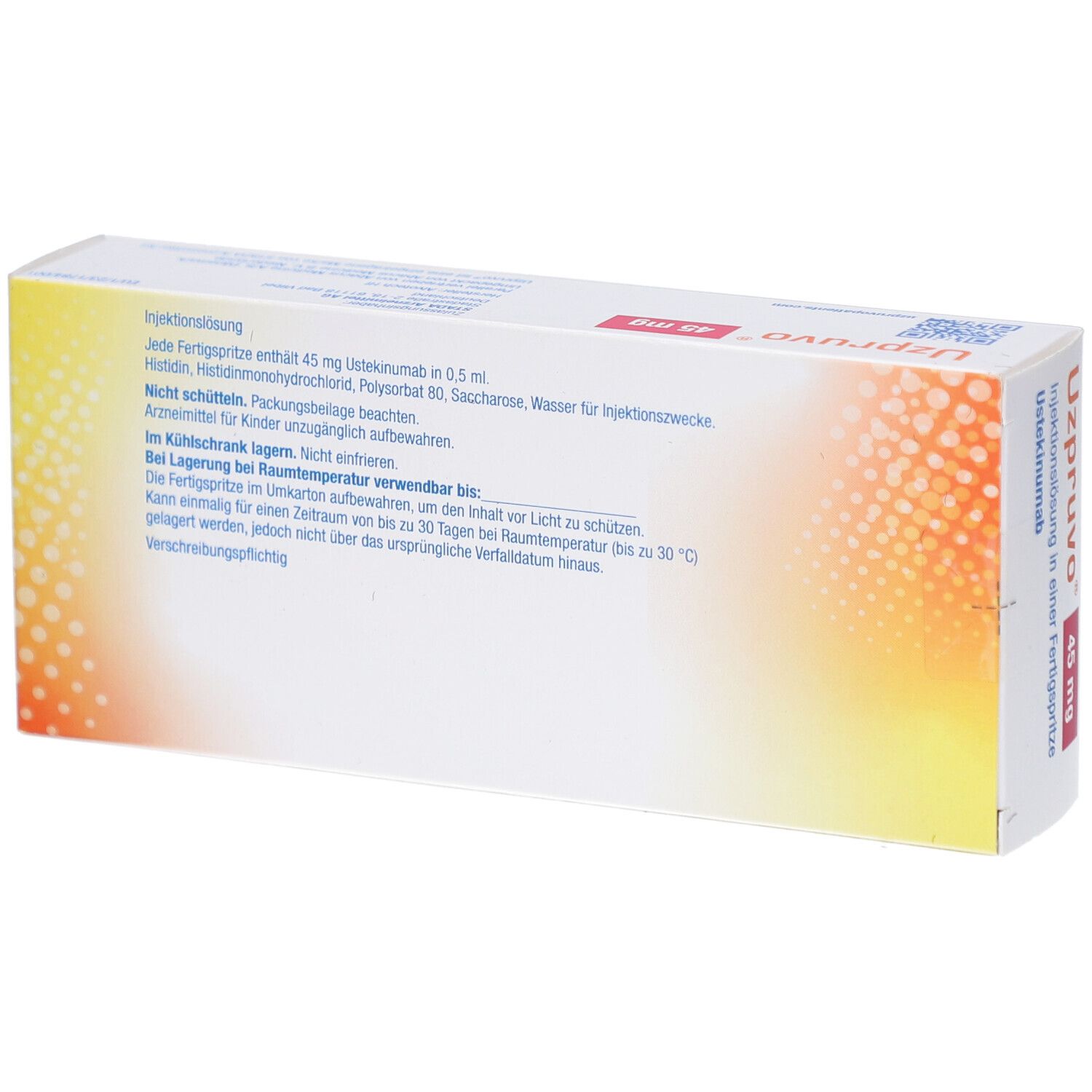 Rückseite der Schachtel UZPRUVO 45 mg. Text: Injektionslösung, Inhaltsstoffe, Lagerungshinweise, Chargennummer, Verfallsdatum.