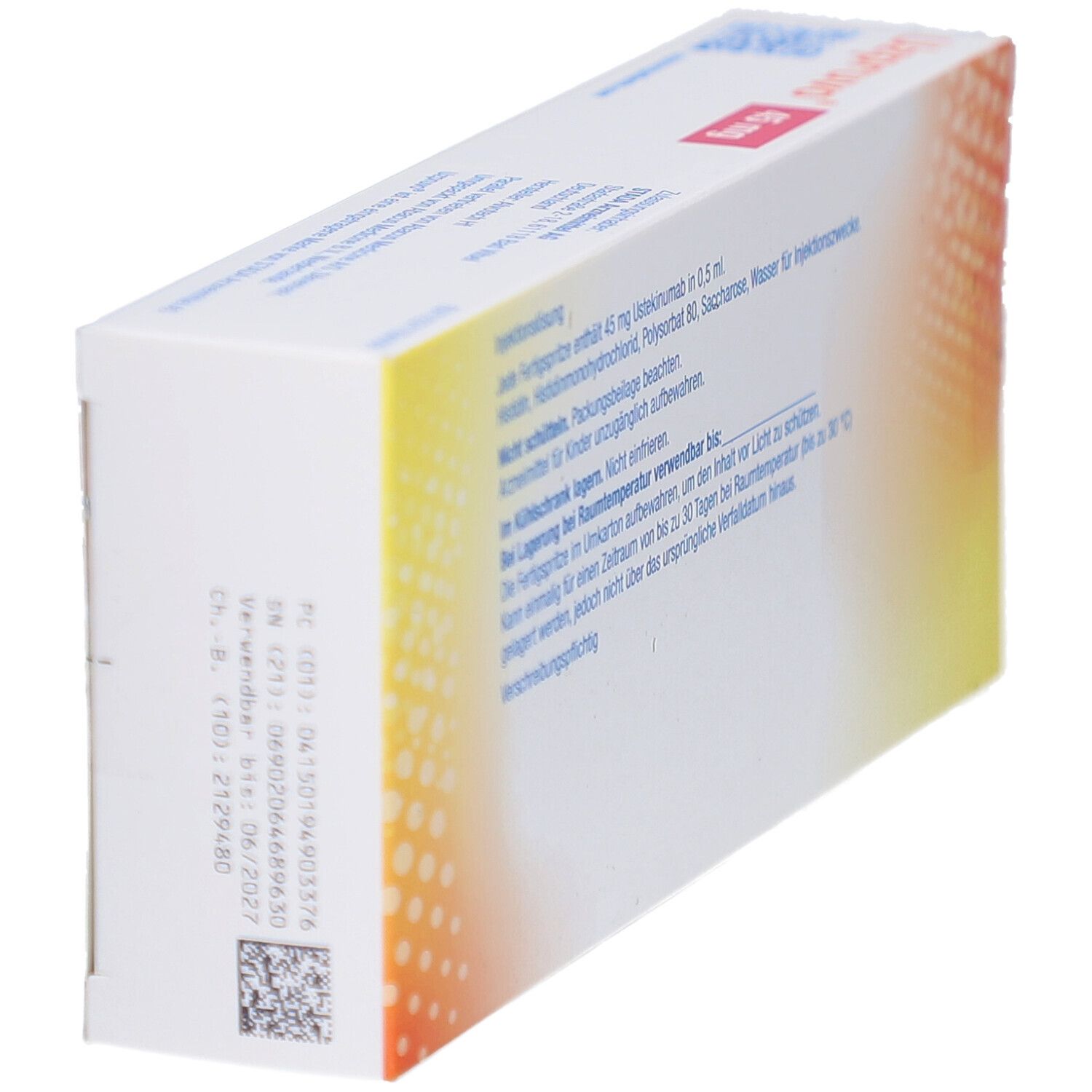 Schachtel UZPRUVO 45 mg, schräg. Rückseite mit Chargennummer, Verfallsdatum und QR-Code.