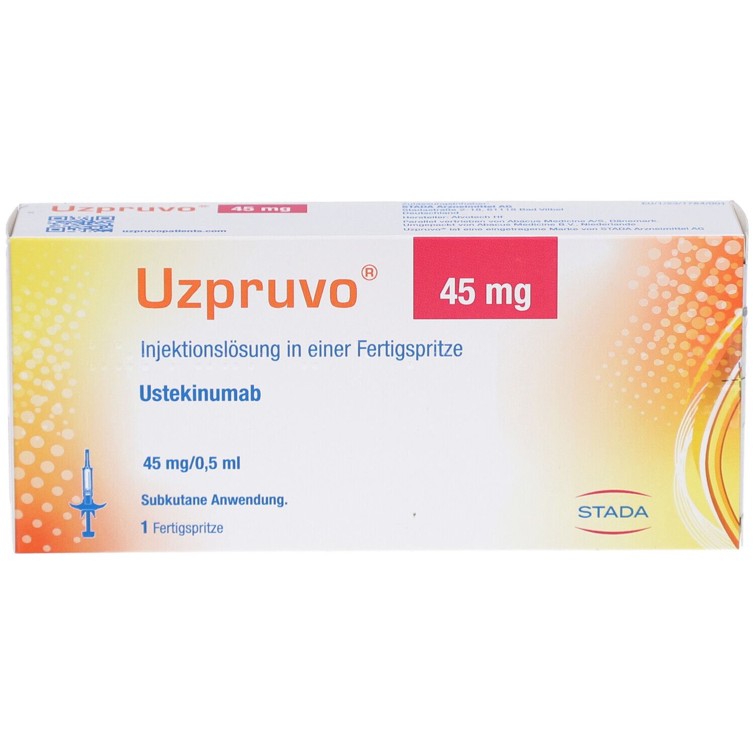 Schachtel UZPRUVO 45 mg. Aufschrift: UZPRUVO, 45 mg, Injektionslösung in Fertigspr.. STADA Logo.