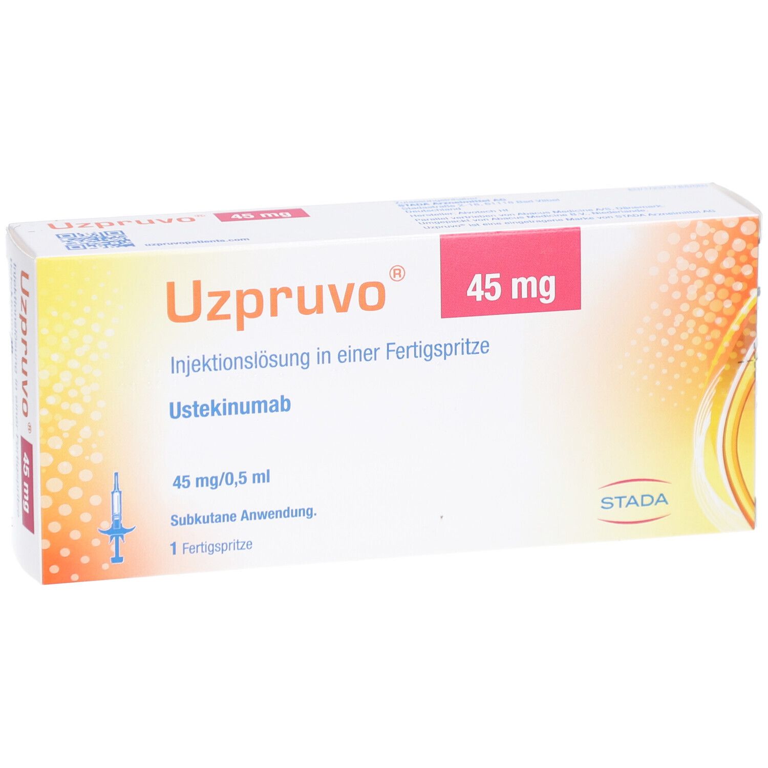 Schachtel UZPRUVO 45 mg. Aufschrift: UZPRUVO, 45 mg, Injektionslösung in Fertigspr.. STADA Logo.