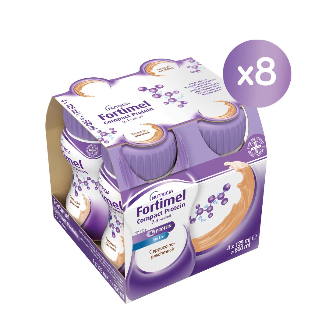 Packung mit 8 Flaschen. Jede Flasche enthält FORTIMEL Compact Protein 2.4 kcal Cappuccino. Aufdruck: x8.