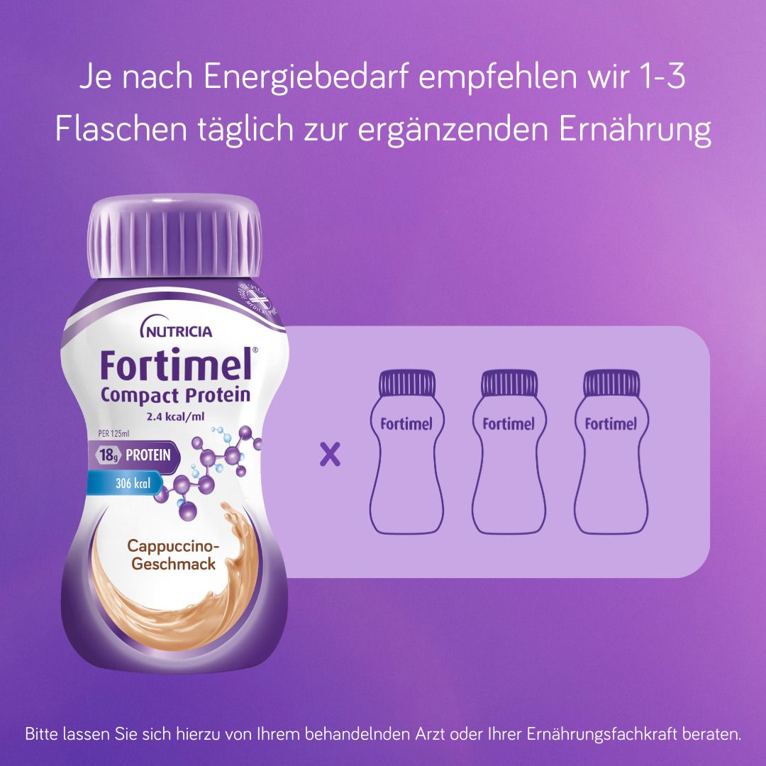 FORTIMEL Compact Protein 2.4 kcal Cappuccino Flasche. Empfehlung: 1-3 Flaschen täglich zur ergänzenden Ernährung.