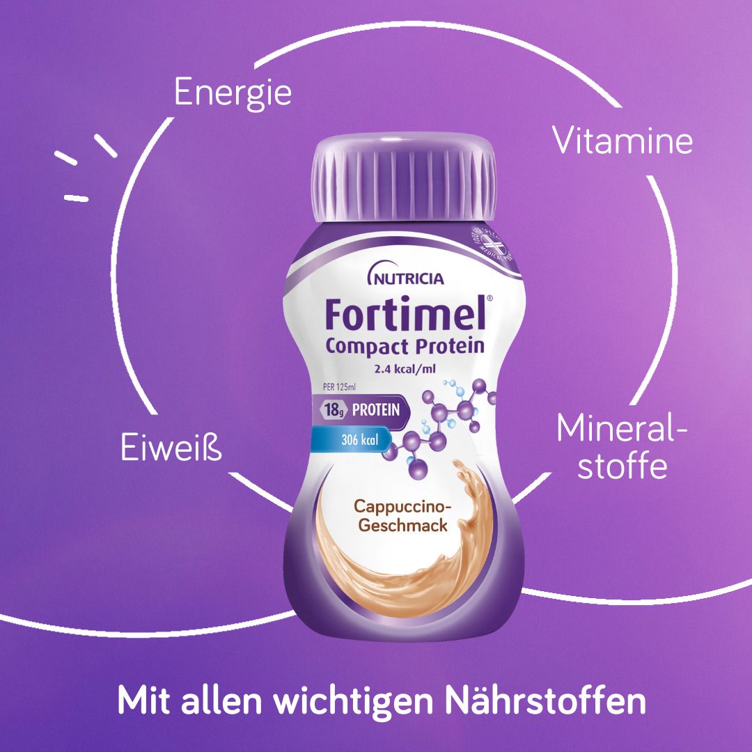 FORTIMEL Compact Protein 2.4 kcal Cappuccino Flasche. Mit allen wichtigen Nährstoffen: Energie, Vitamine, Mineralstoffe, Eiweiß.