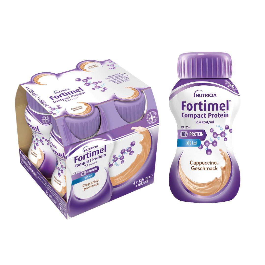 Packung und Flasche FORTIMEL Compact Protein Cappuccino. Flasche mit lila Deckel. 4x125ml.