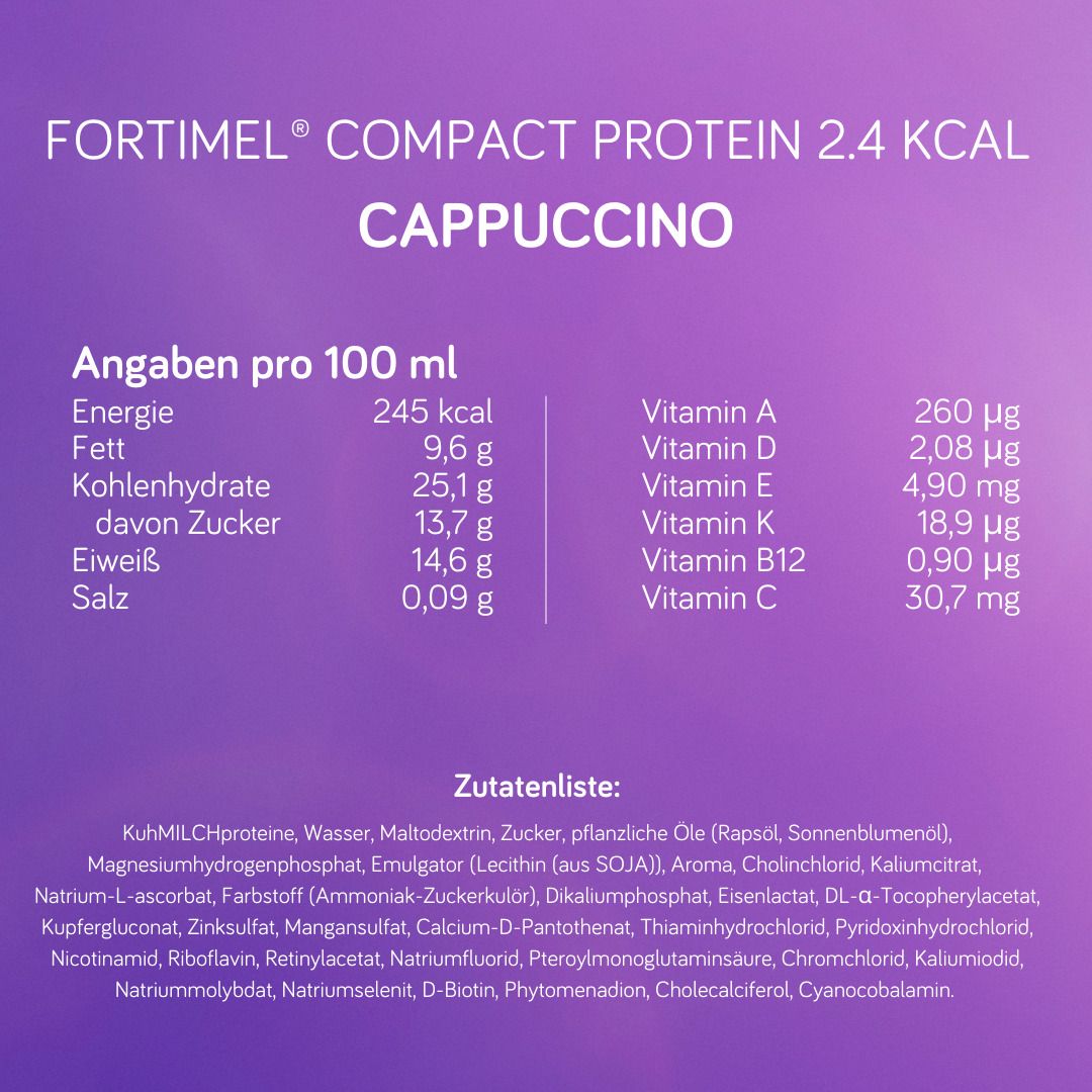 Nährwerttabelle und Zutatenliste von FORTIMEL Compact Protein Cappuccino. Angaben pro 100 ml.