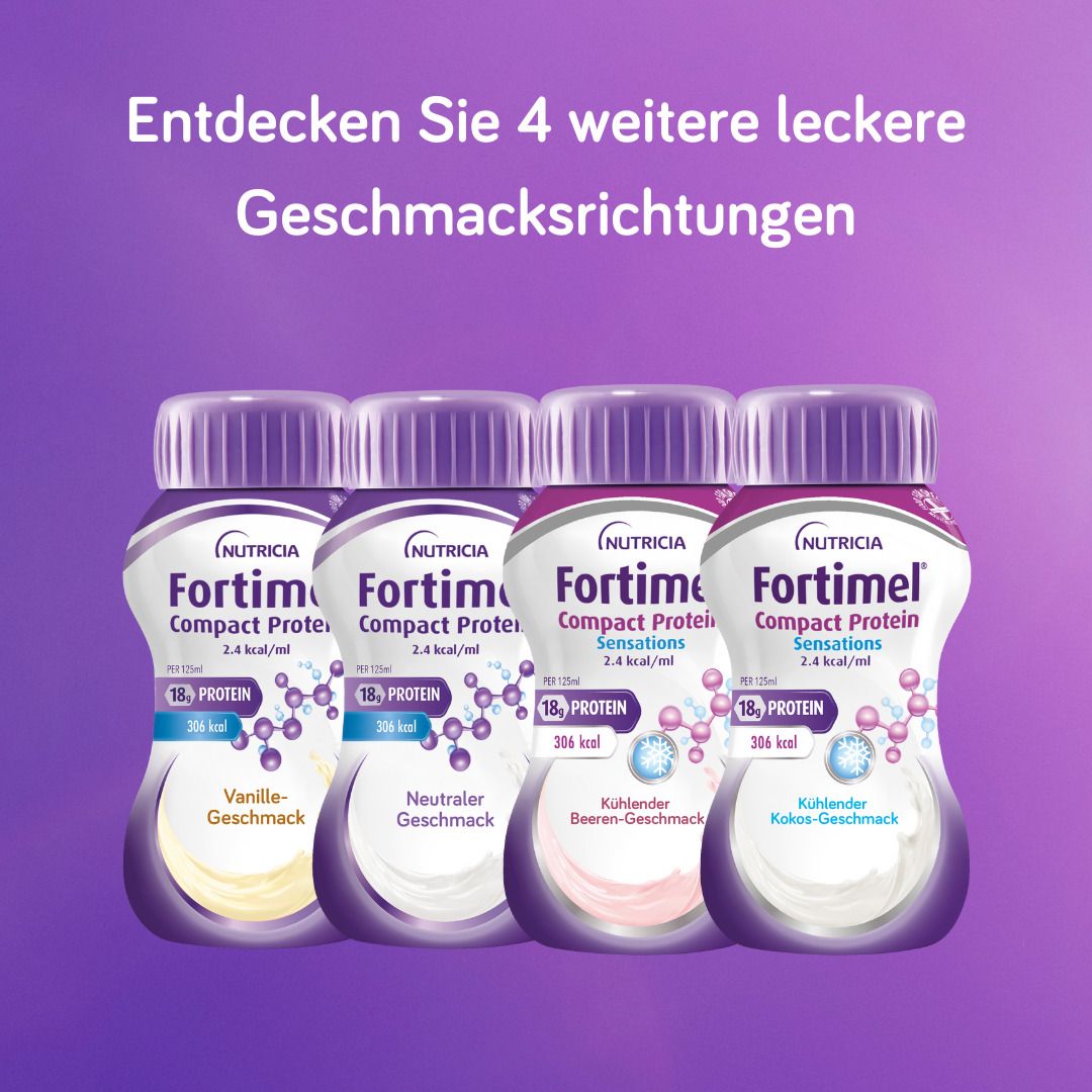 Vier Flaschen FORTIMEL Compact Protein in verschiedenen Geschmacksrichtungen: Vanille, Neutral, Beeren, Kokos.