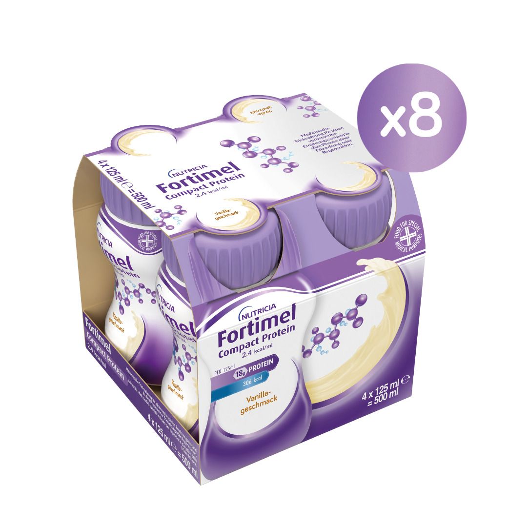 Packung mit 8 Flaschen FORTIMEL Compact Protein 2.4 kcal Vanille. Jede Flasche enthält 125 ml.
