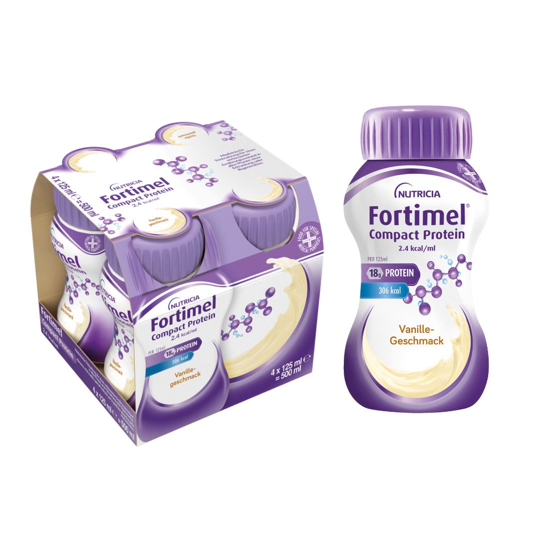 Packung und Flasche FORTIMEL Compact Protein 2.4 kcal Vanille. Flasche mit lila Deckel. Packung mit 4 Flaschen.